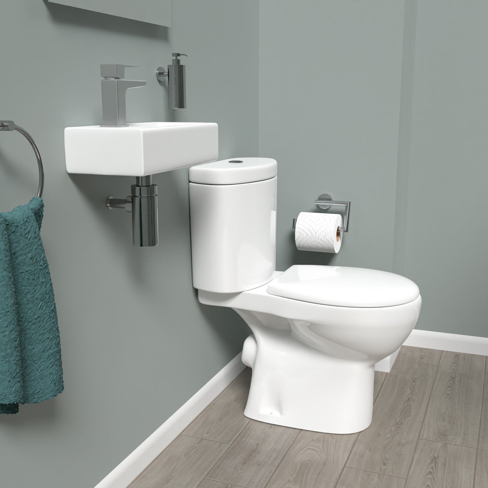 White Round Close Coupled Toilet with Cloakroom LH 360mm Wall Hung Basin