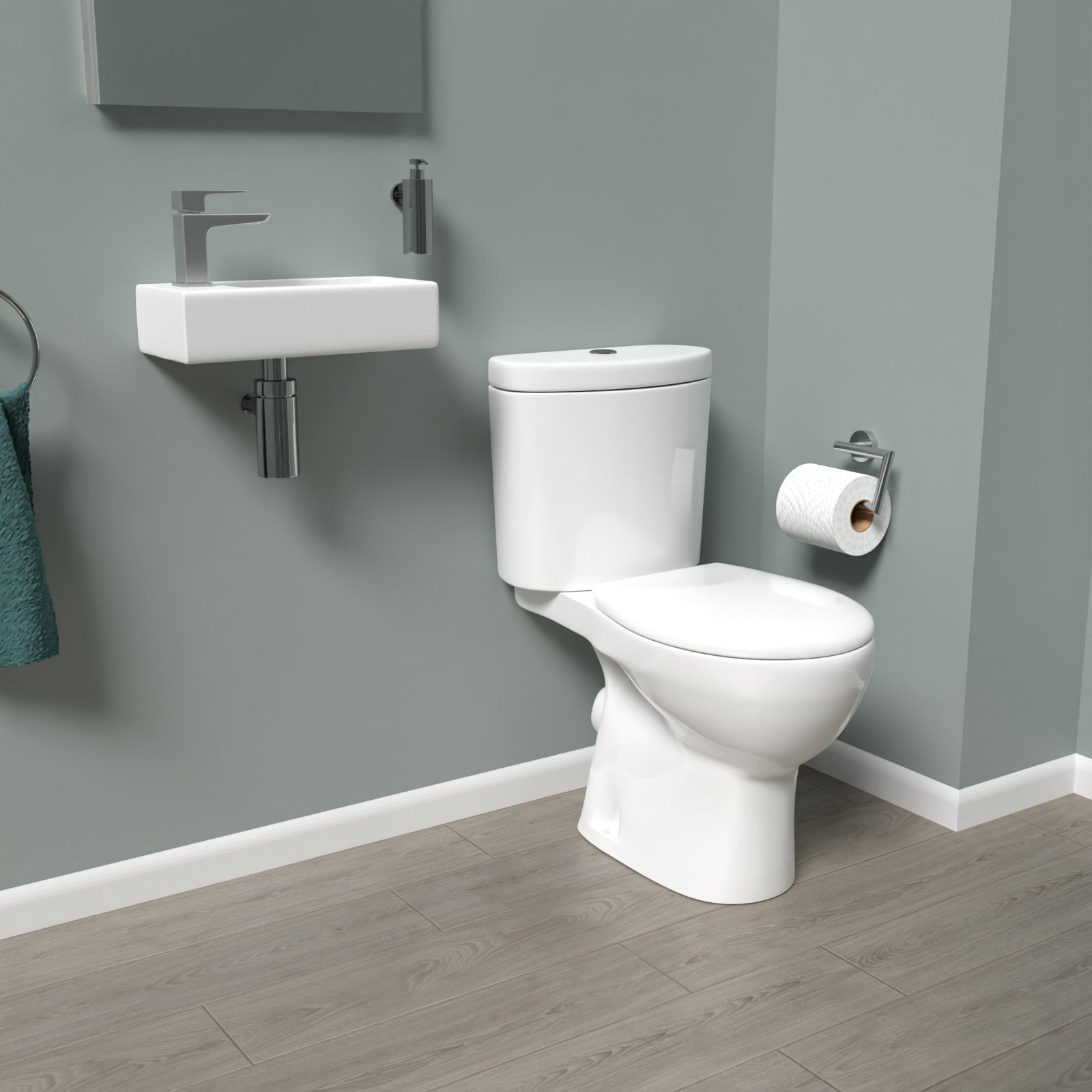 White Round Close Coupled Toilet with Cloakroom LH 360mm Wall Hung Basin