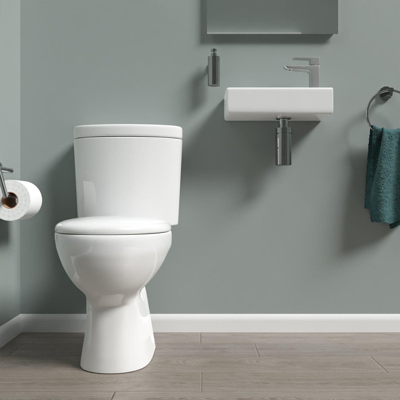 White Round Close Coupled Toilet with Cloakroom RH 360mm Wall Hung Basin