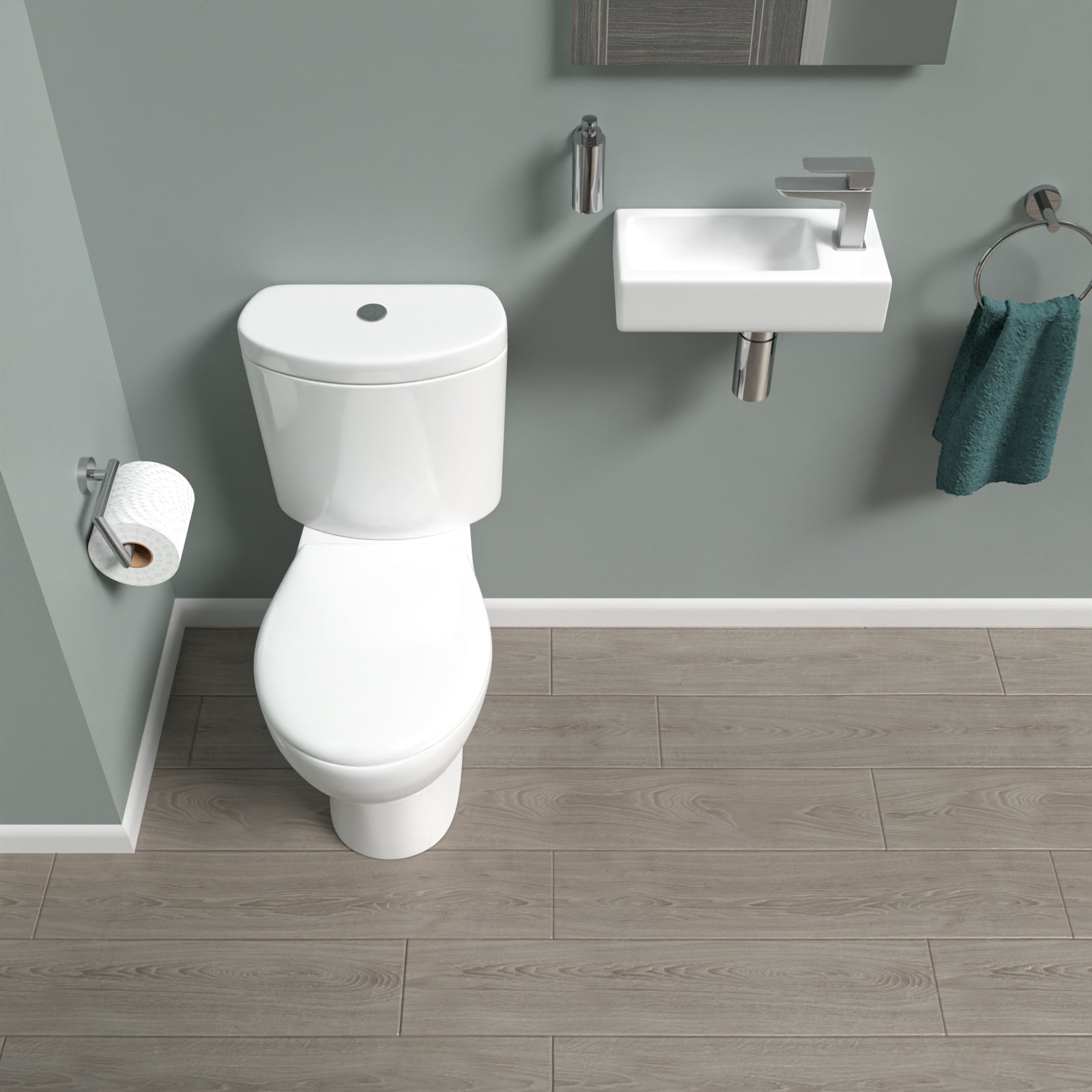 White Round Close Coupled Toilet with Cloakroom RH 360mm Wall Hung Basin