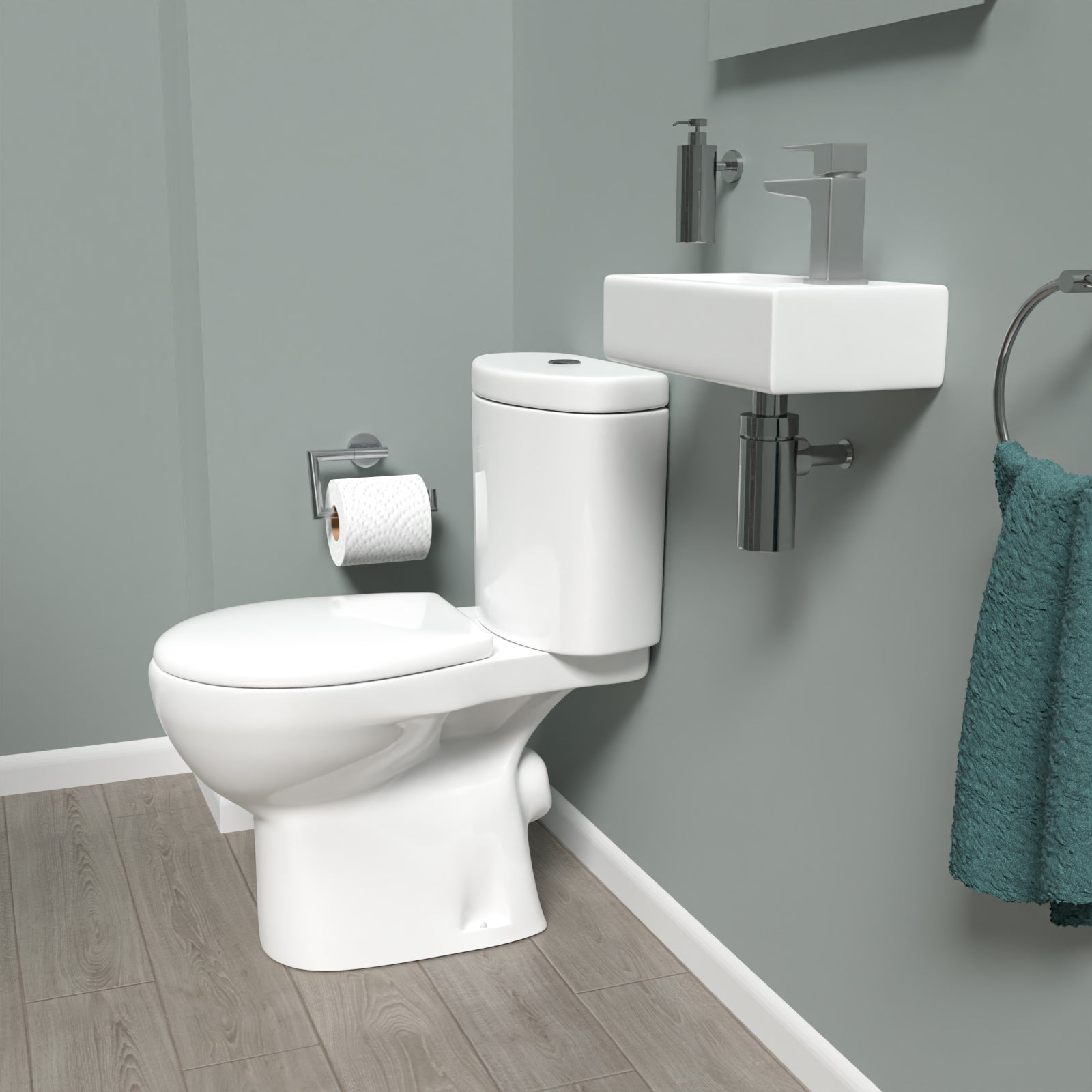 White Round Close Coupled Toilet with Cloakroom RH 360mm Wall Hung Basin