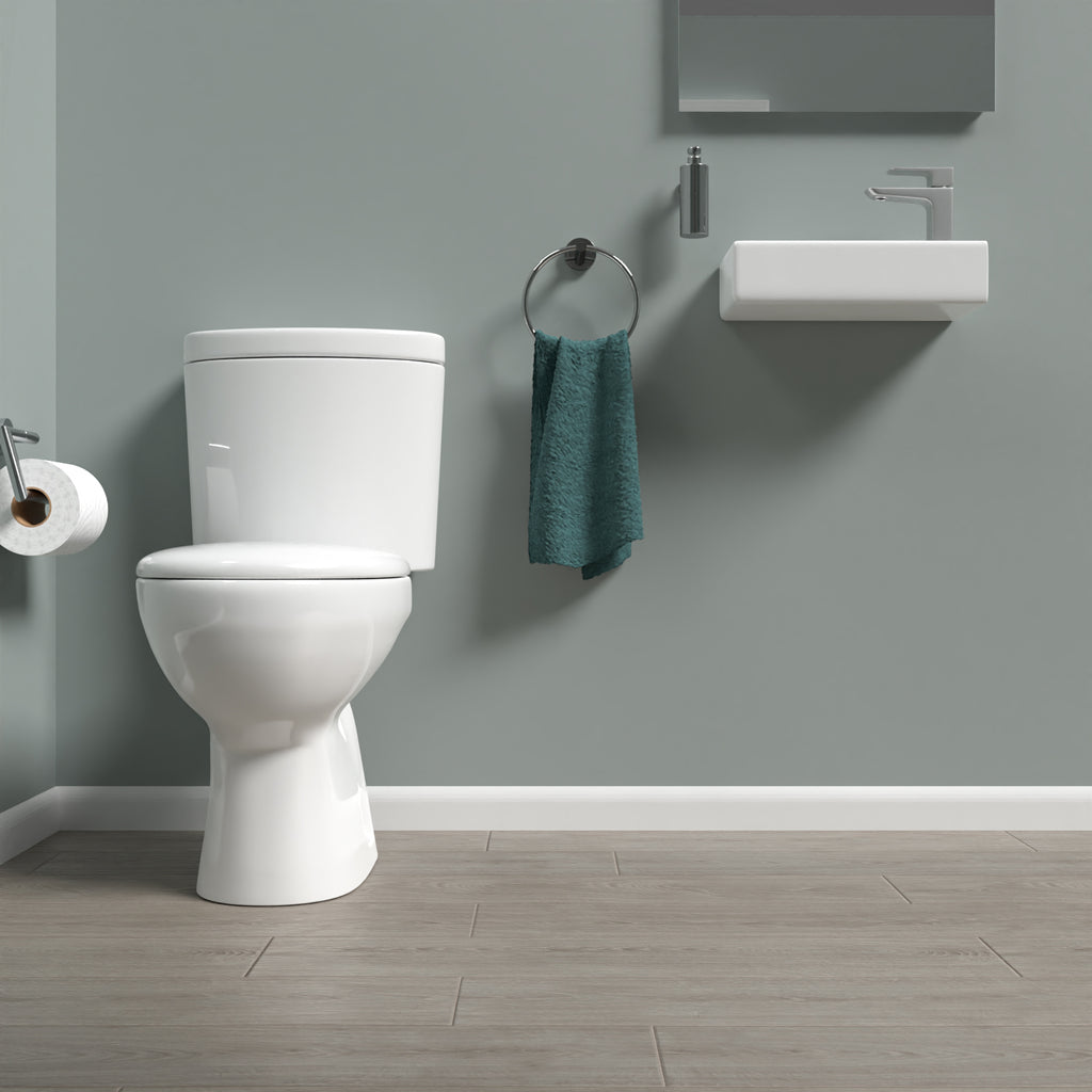 White Round Close Coupled Toilet with Cloakroom RH 360mm Wall Hung Bas