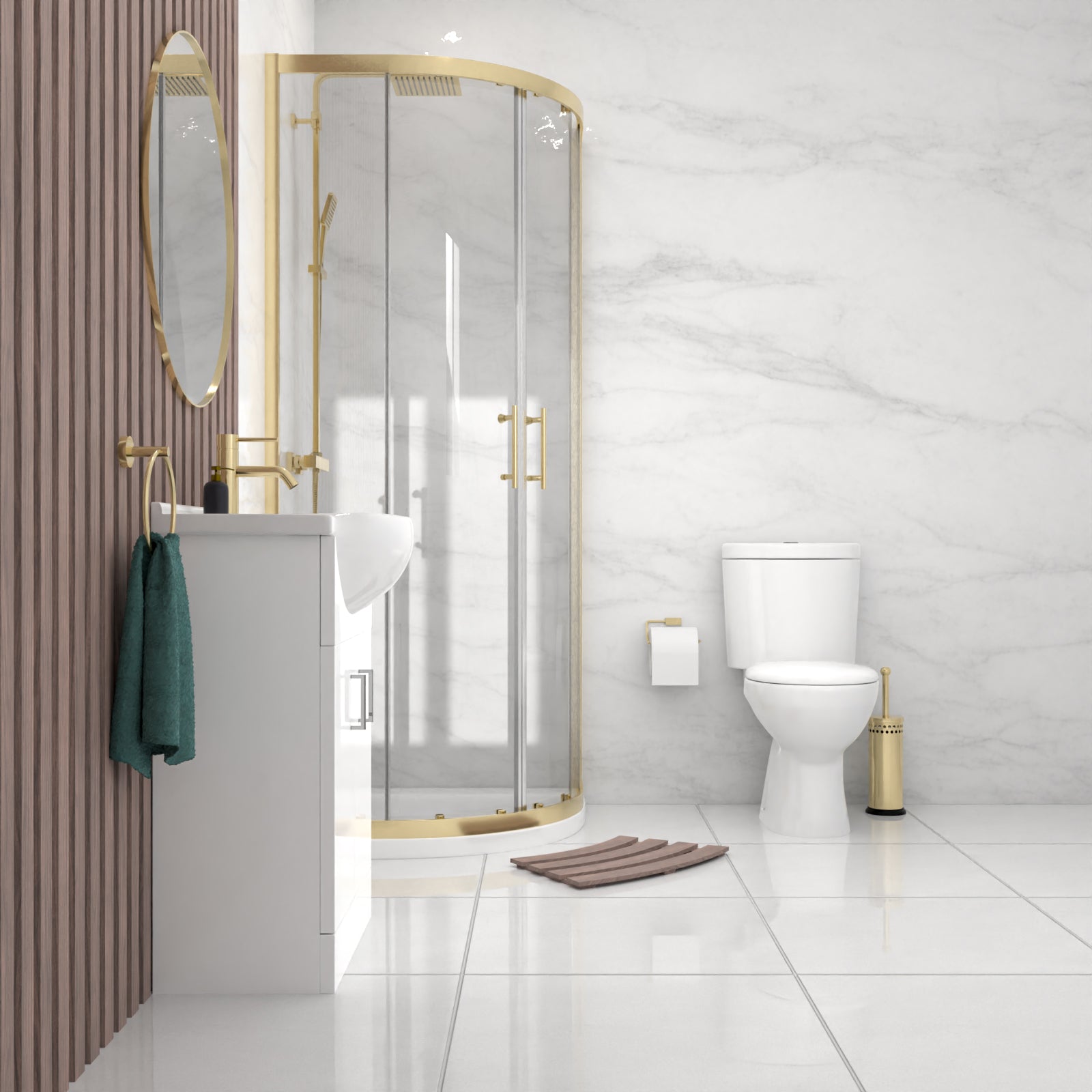 Toilet Vanity 800mm Brushed Brass Quadrant Shower Enclosure Tray Set