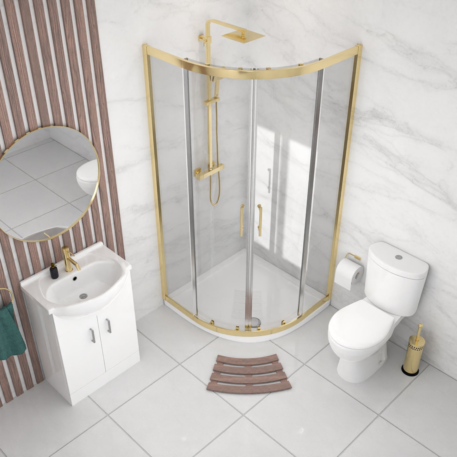 Toilet Vanity 900mm Brushed Brass Quadrant Shower Enclosure Tray Set