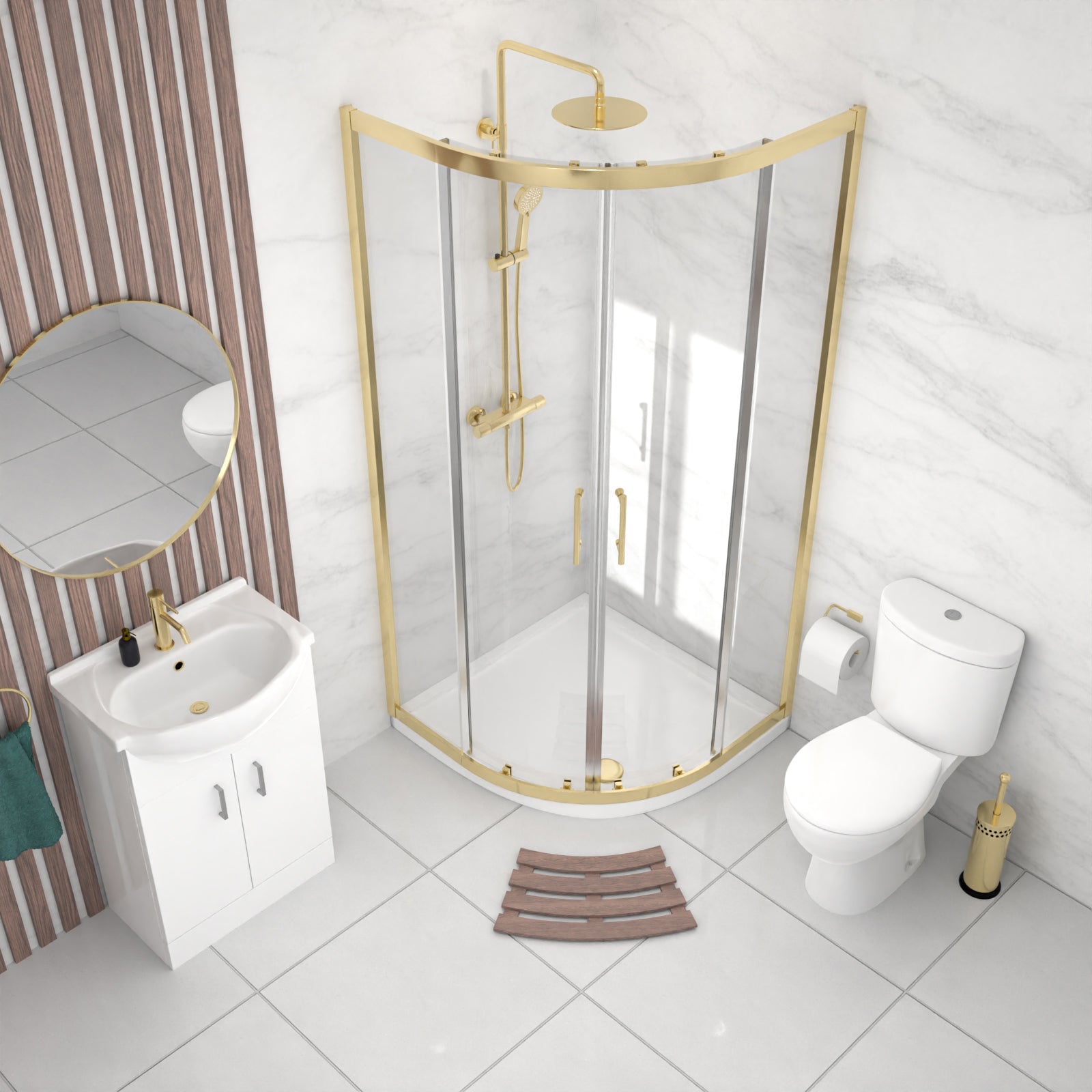 Ellen White Vanity Toilet & Brushed Brass 900mm Quadrant Enclosure Tray with Exposed Shower