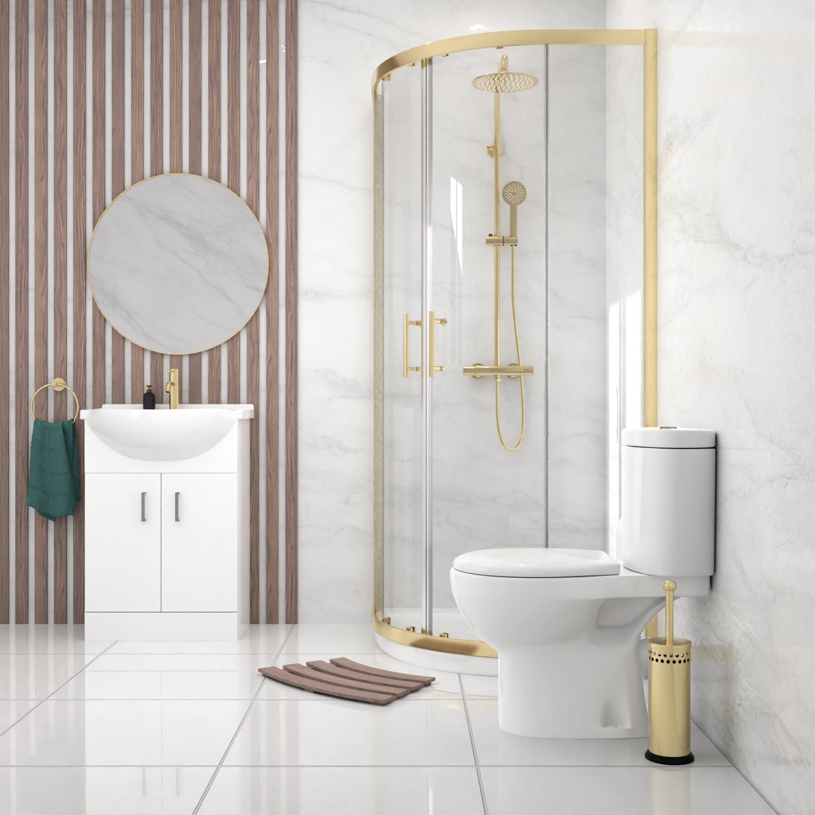 White Vanity Toilet & Brushed Brass 900mm Quadrant Enclosure Tray with Exposed Shower Round and Basin Mixer Set