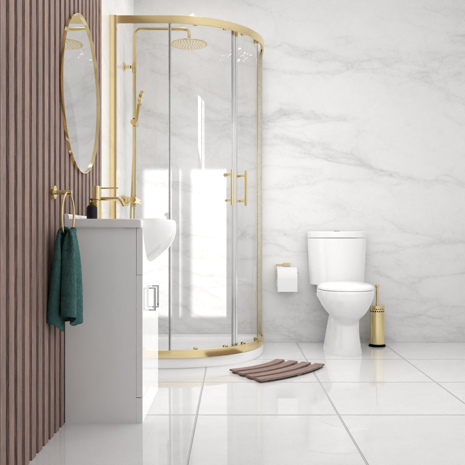 White Vanity Toilet & Brushed Brass 900mm Quadrant Enclosure Tray with Exposed Shower Round and Basin Mixer Set