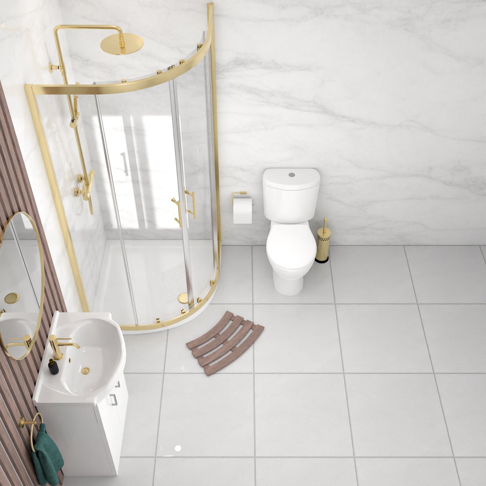 Ellen White Vanity Toilet & Brushed Brass 900mm Quadrant Enclosure Tray with Exposed Shower
