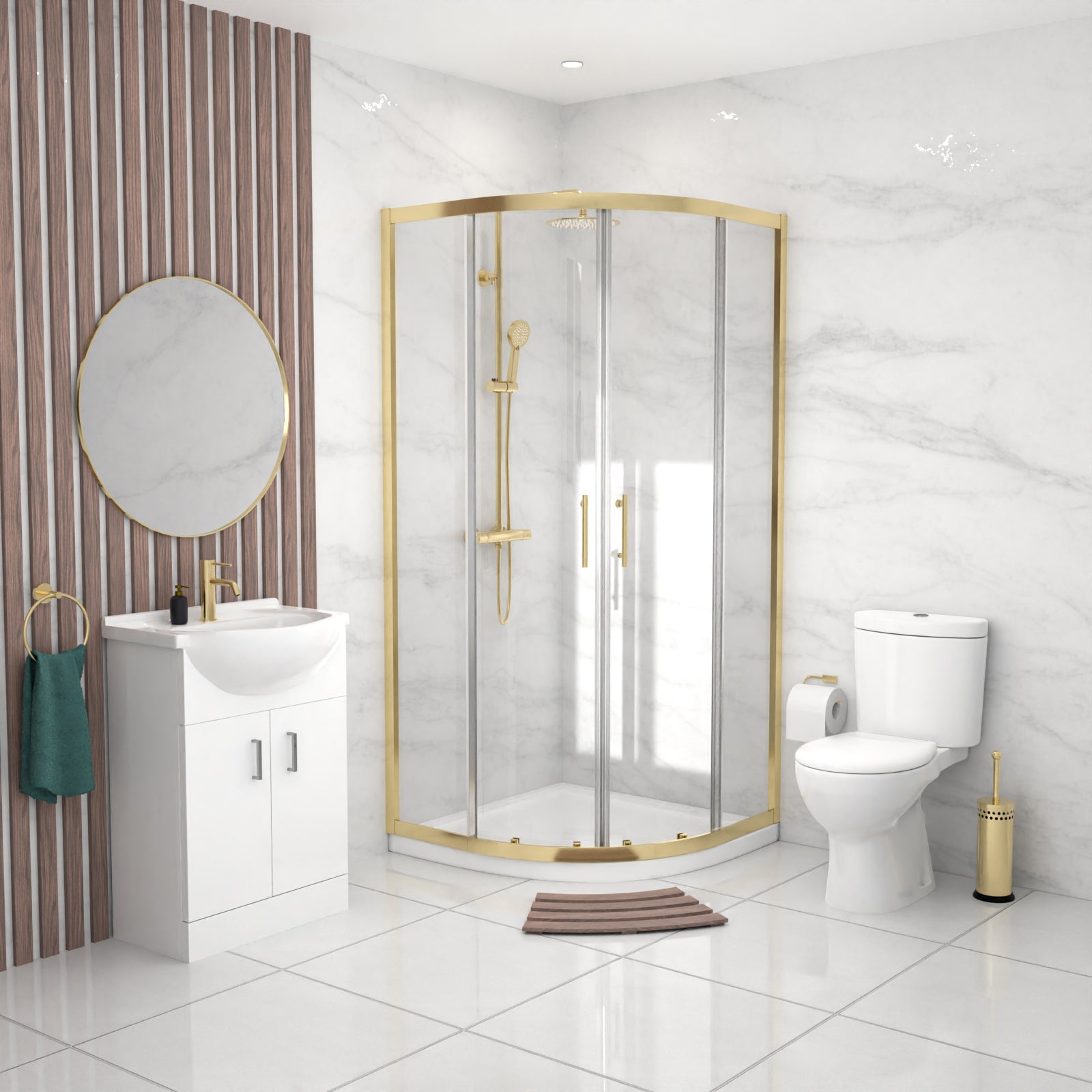 White Vanity Toilet & Brushed Brass 900mm Quadrant Enclosure Tray with Exposed Shower Round and Basin Mixer Set