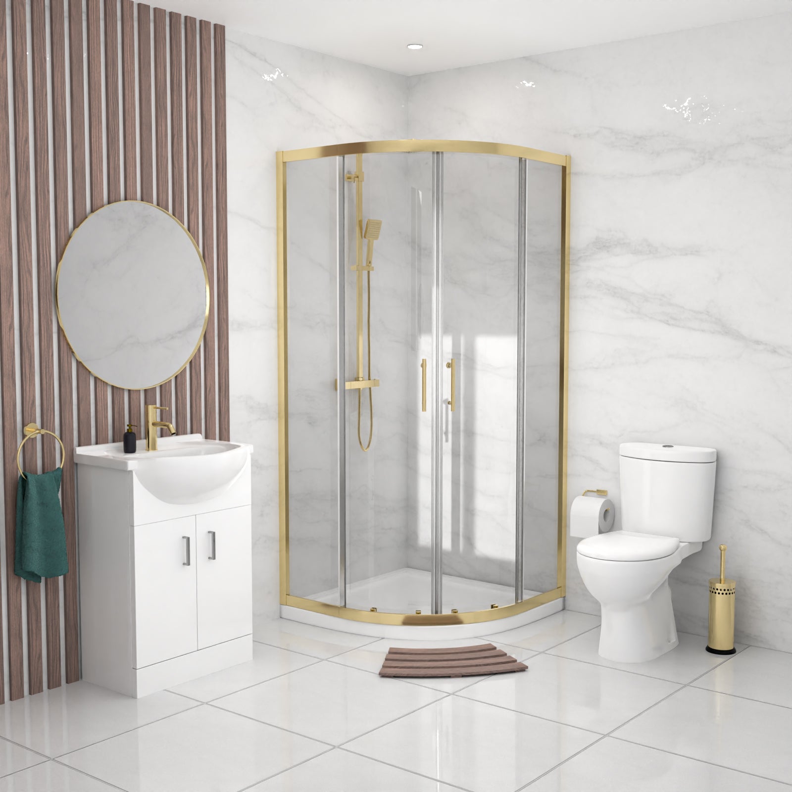 Toilet Vanity 900mm Brushed Brass Quadrant Shower Enclosure Tray Set