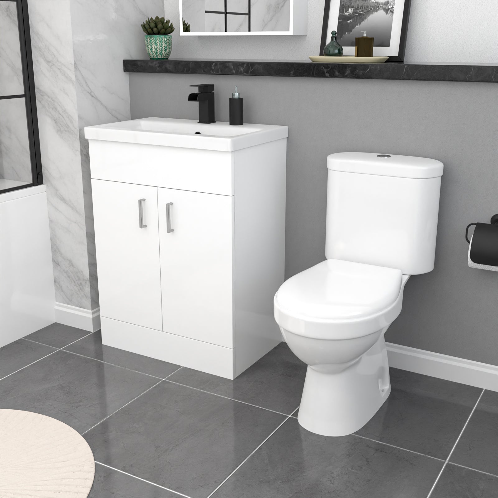 Nanuya Close Coupled Toilet Vanity Bathroom Suite, Bath & Grid Bath Screen