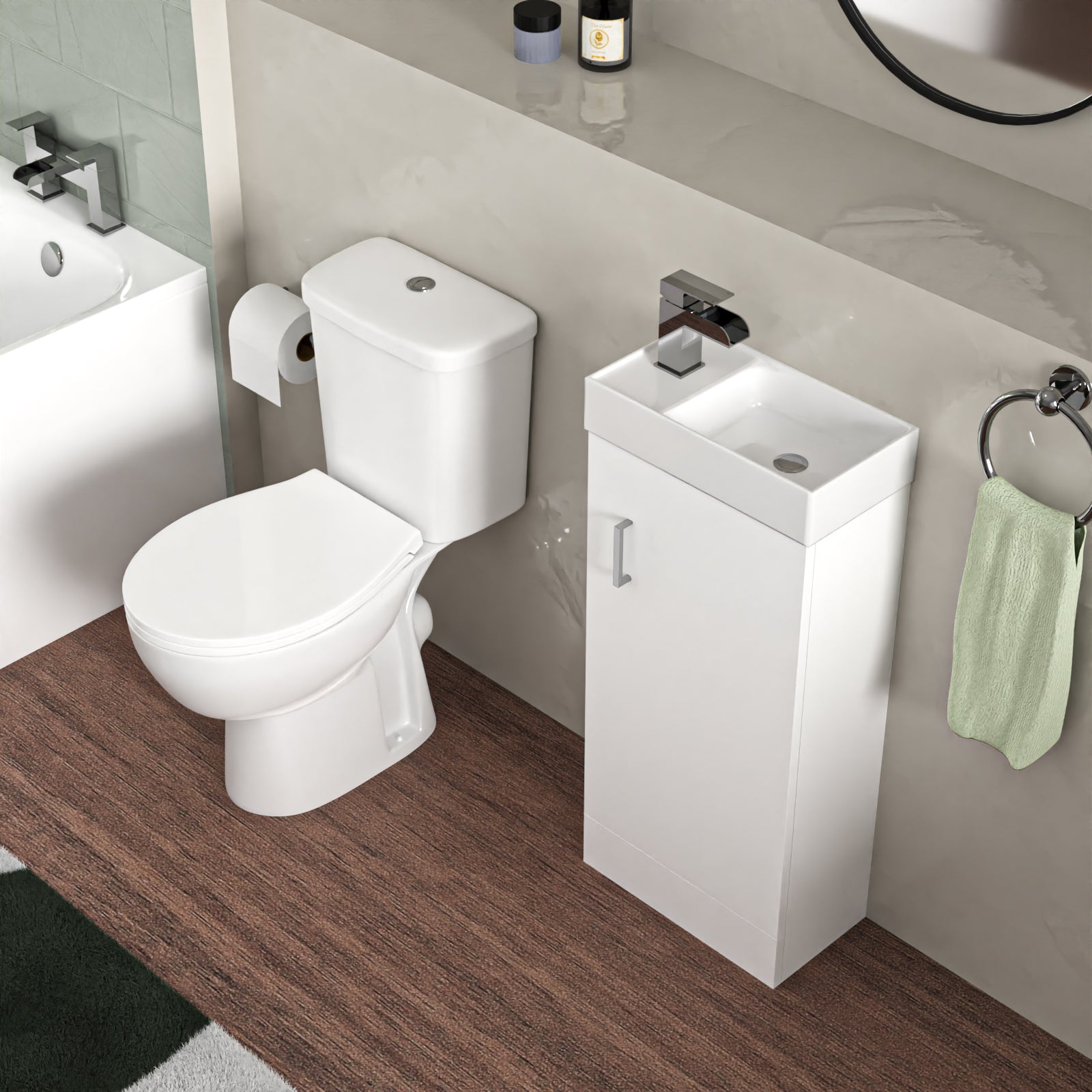 Bathroom Suite 1600mm Round Bathtub With 400mm Freestanding Vanity and Toilet
