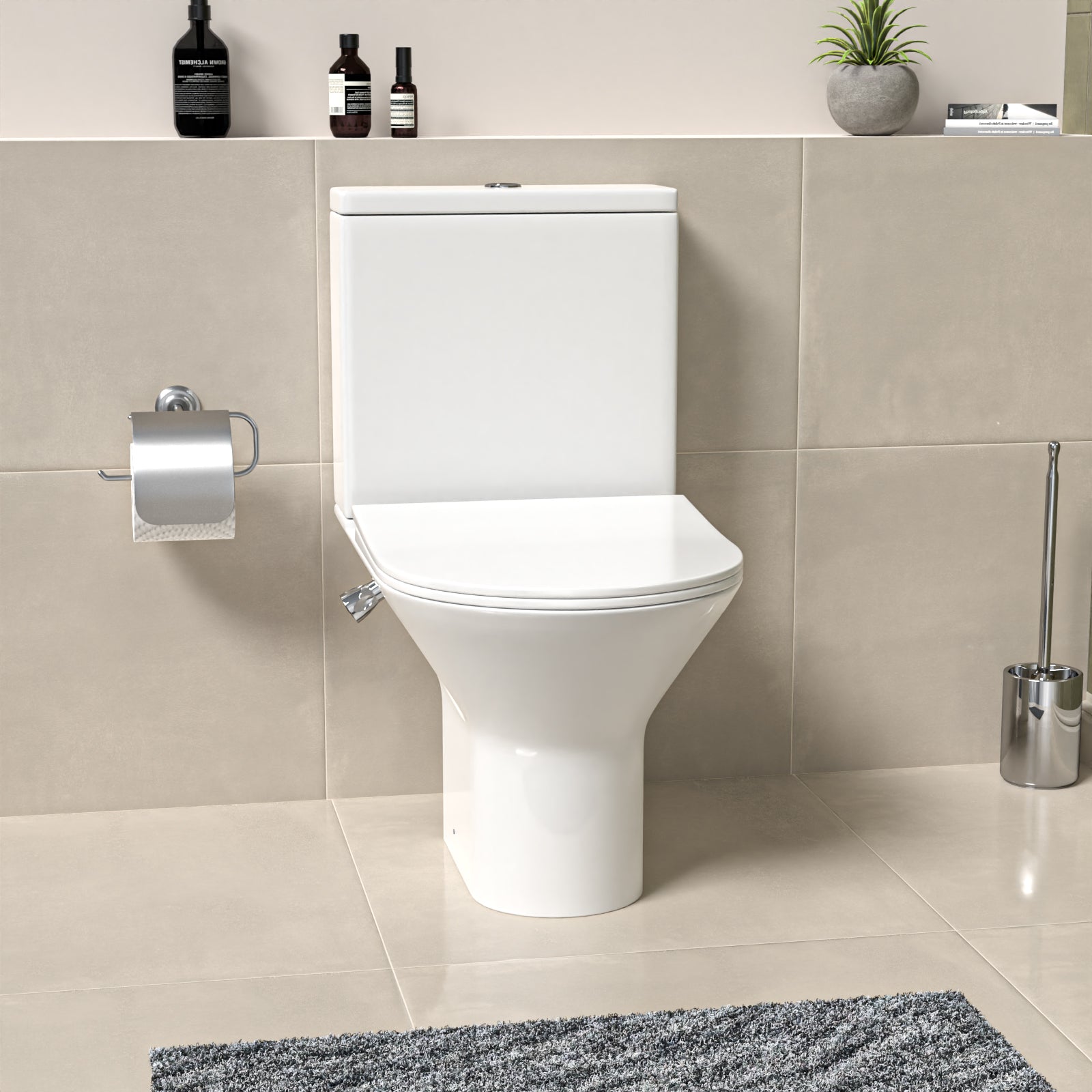 Round Rimless Close Coupled Ceramic Toilet With Integrated Bidet Valve