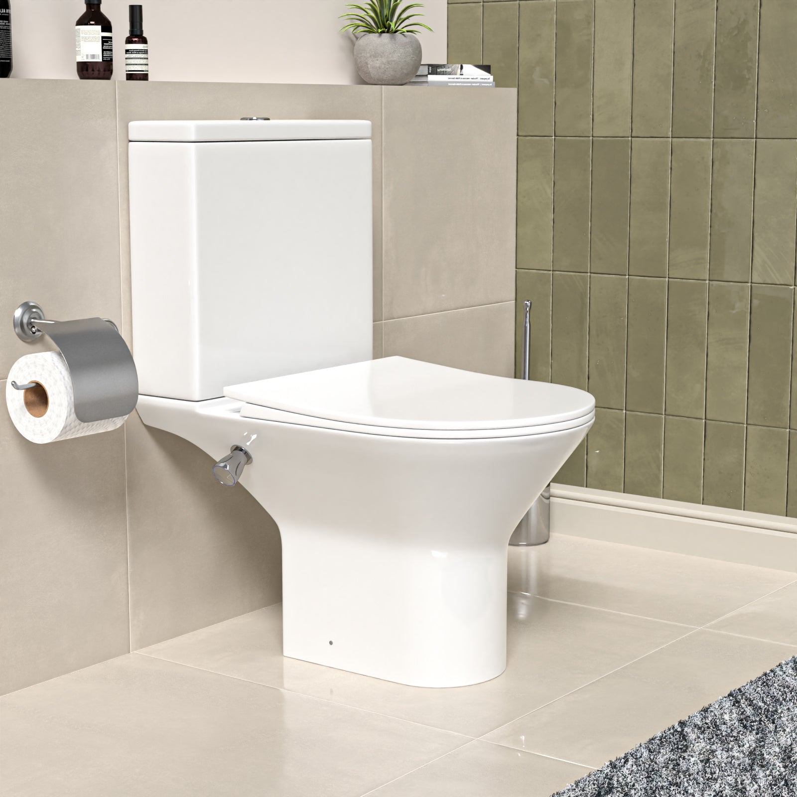 Round Rimless Close Coupled Ceramic Toilet With Integrated Bidet Valve