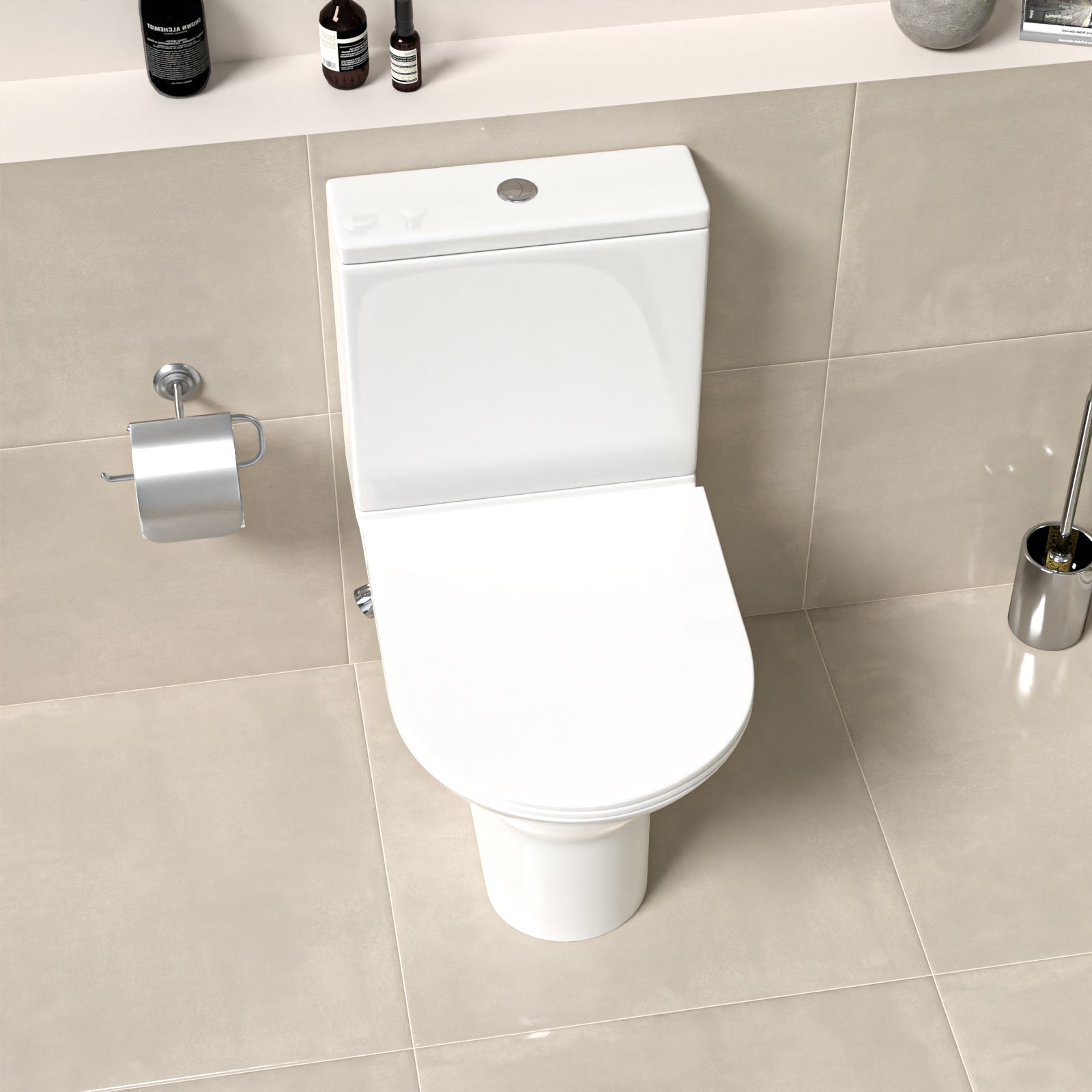 Round Rimless Close Coupled Ceramic Toilet With Integrated Bidet Valve