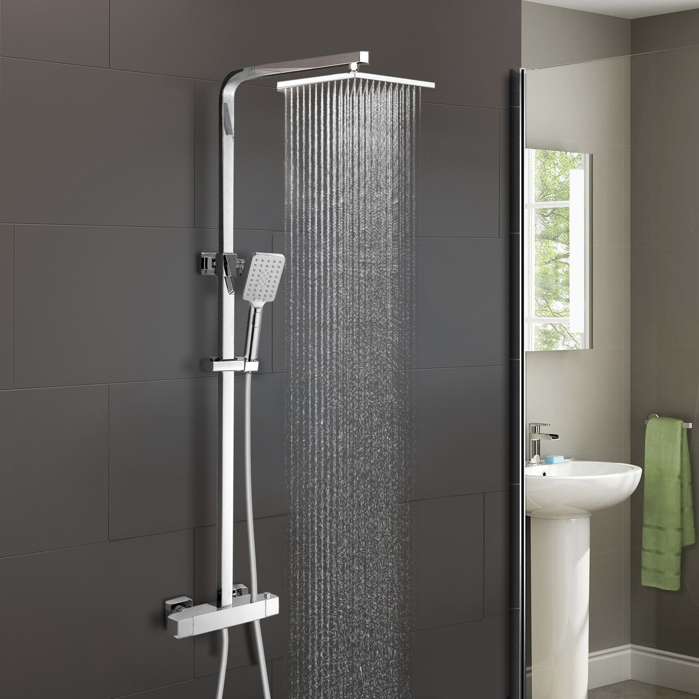 Chrome Shower Head with Square Thermostatic Bar Valve & Riser Rail Kit