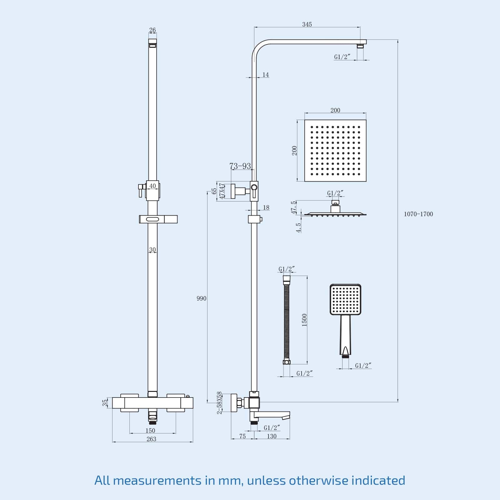 Fawley Square Thermostatic Shower Kit with Bath Filler Chrome