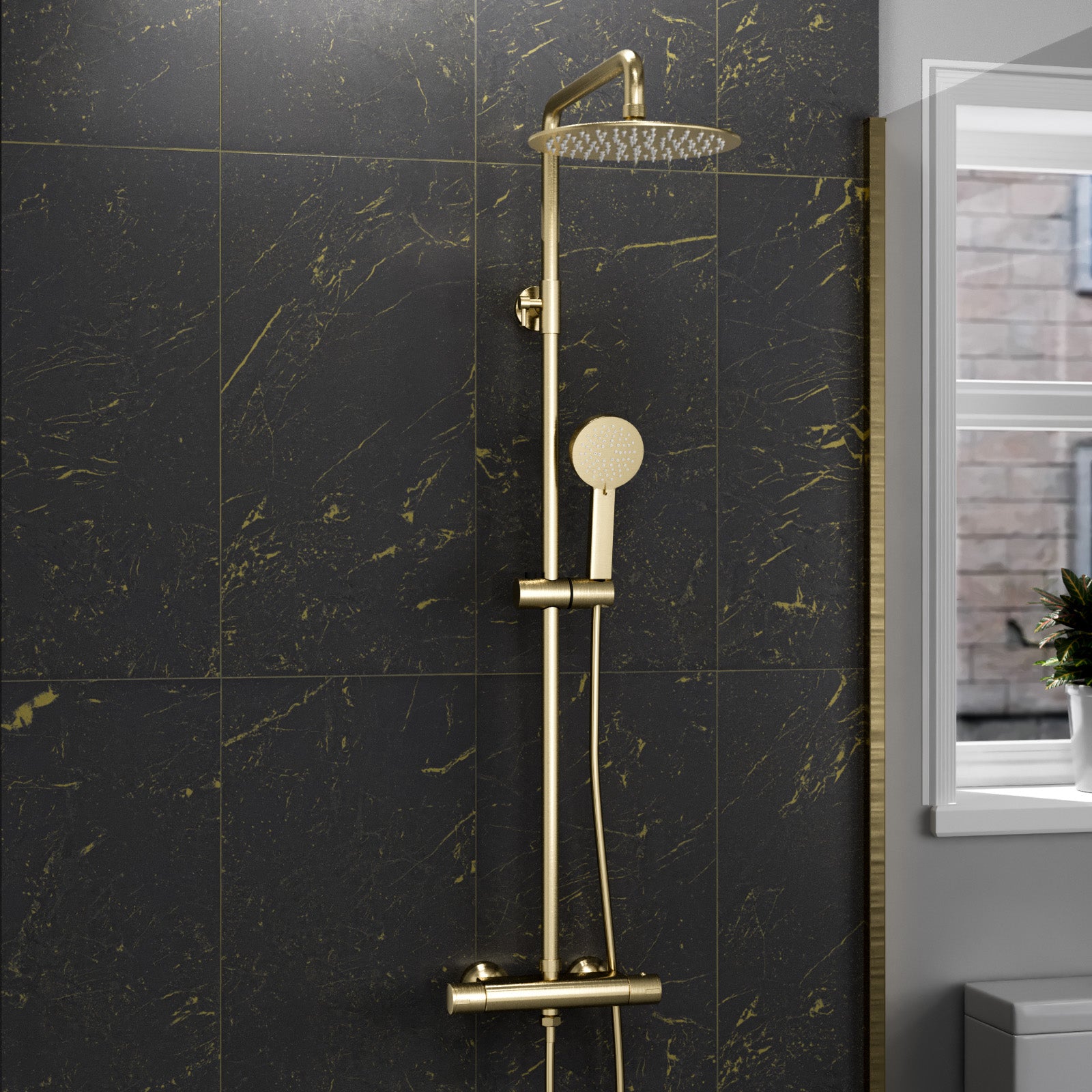 Brushed Brass Round Exposed Thermostatic Shower Kit