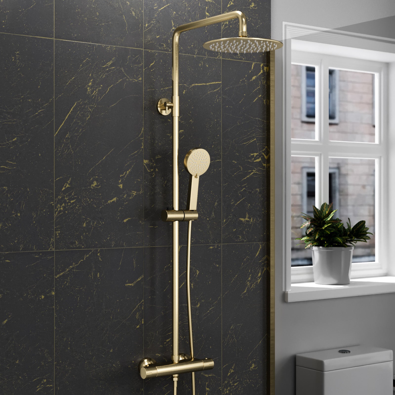 Brushed Brass Round Exposed Thermostatic Shower Kit