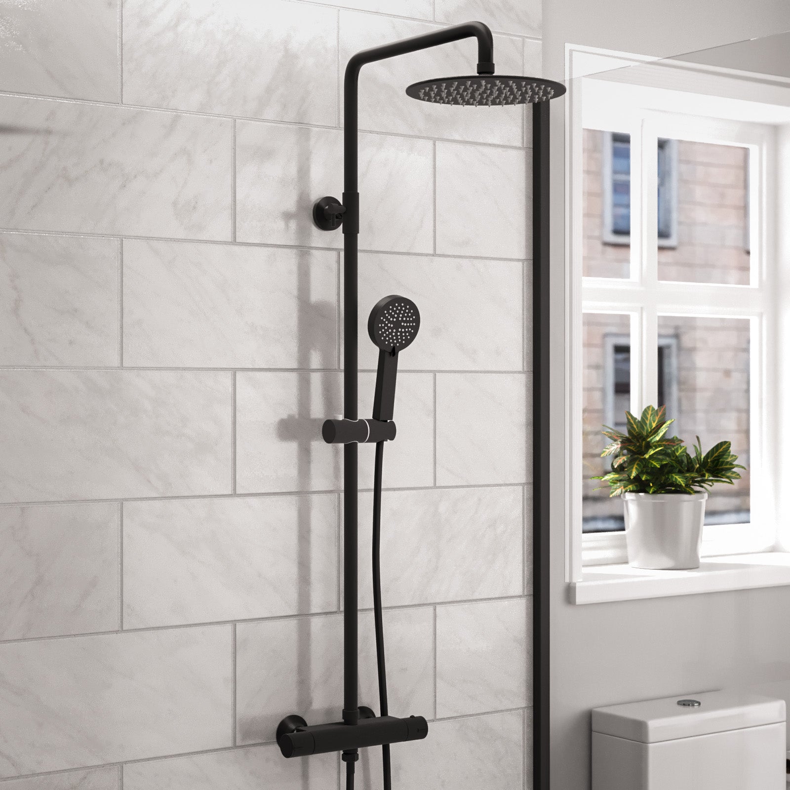 Modern Round Matte Black Exposed Thermostatic Mixer Shower Set With Shower Head and Handheld