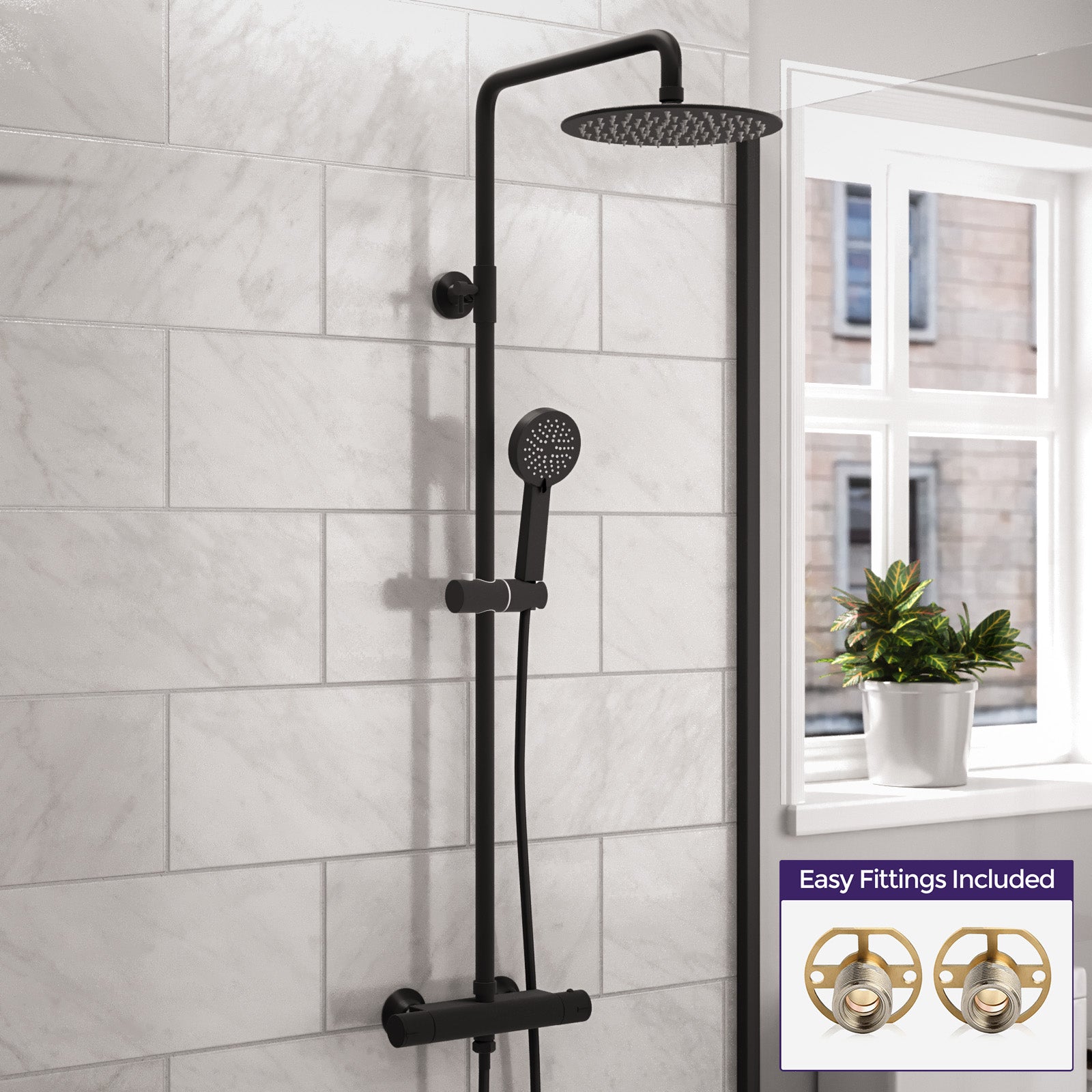 Modern Round Matte Black Exposed Thermostatic Mixer Shower Set With Easy Fittings