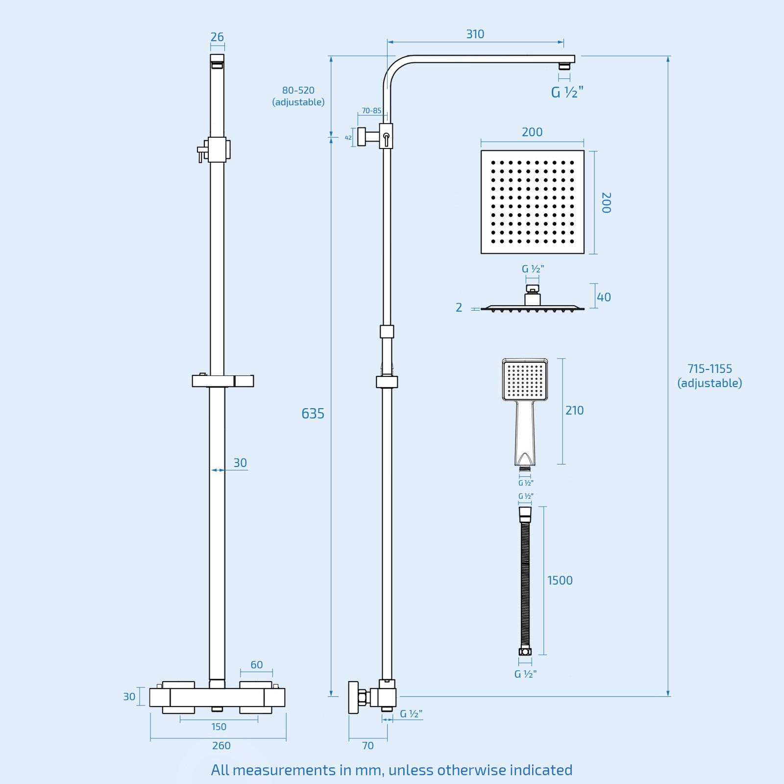 Modern Square Exposed Thermostatic Mixer Shower Set  Shower Head and Handheld