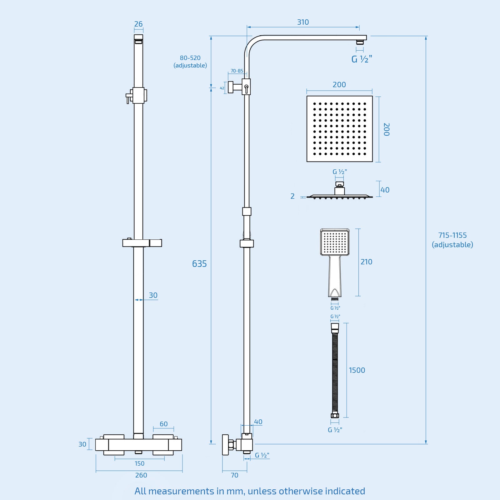 White 500mm Square Basin L-Shaped RH Bath Shower Panel Toilet Tap Set