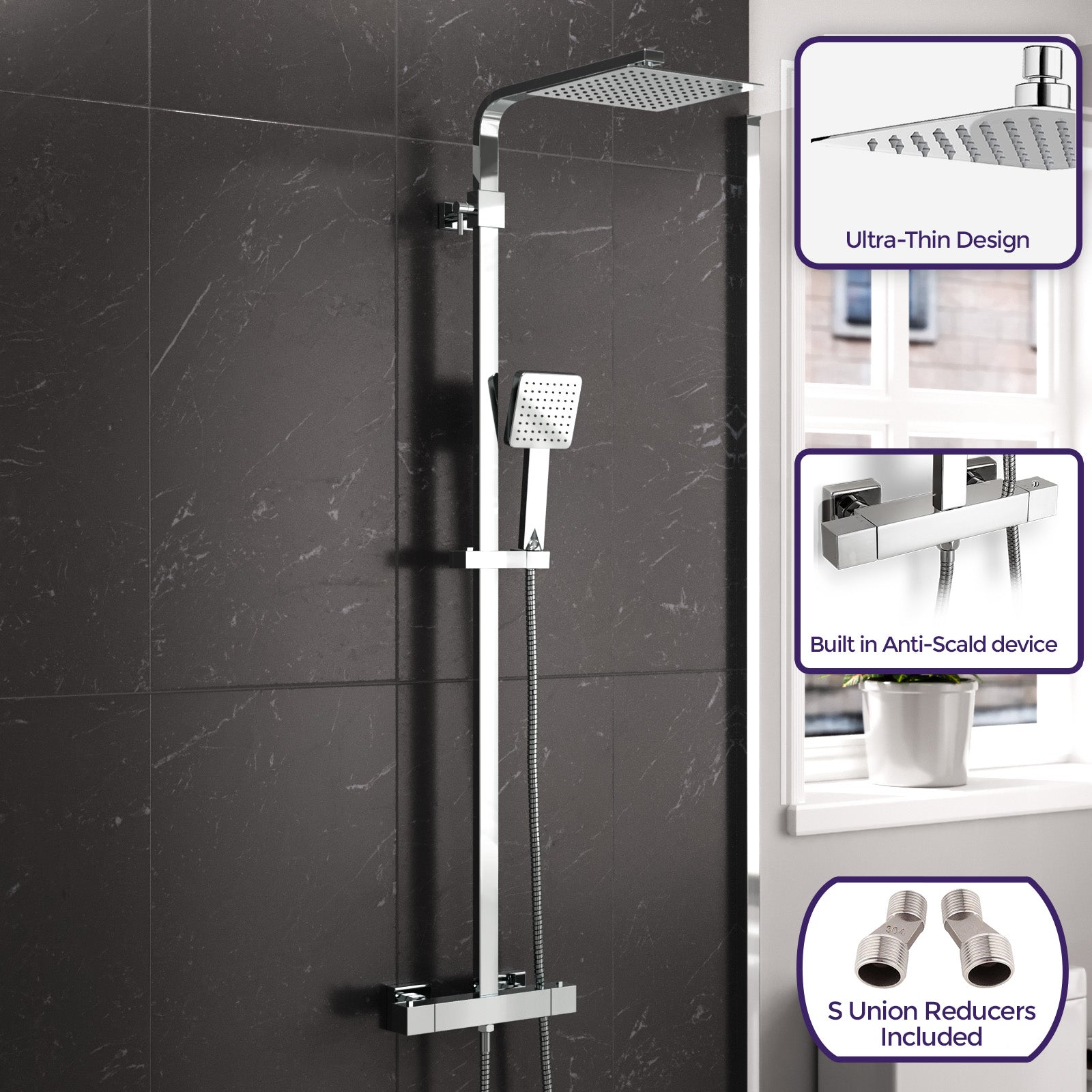 Modern Square Exposed Thermostatic Mixer Shower Set  Shower Head and Handheld