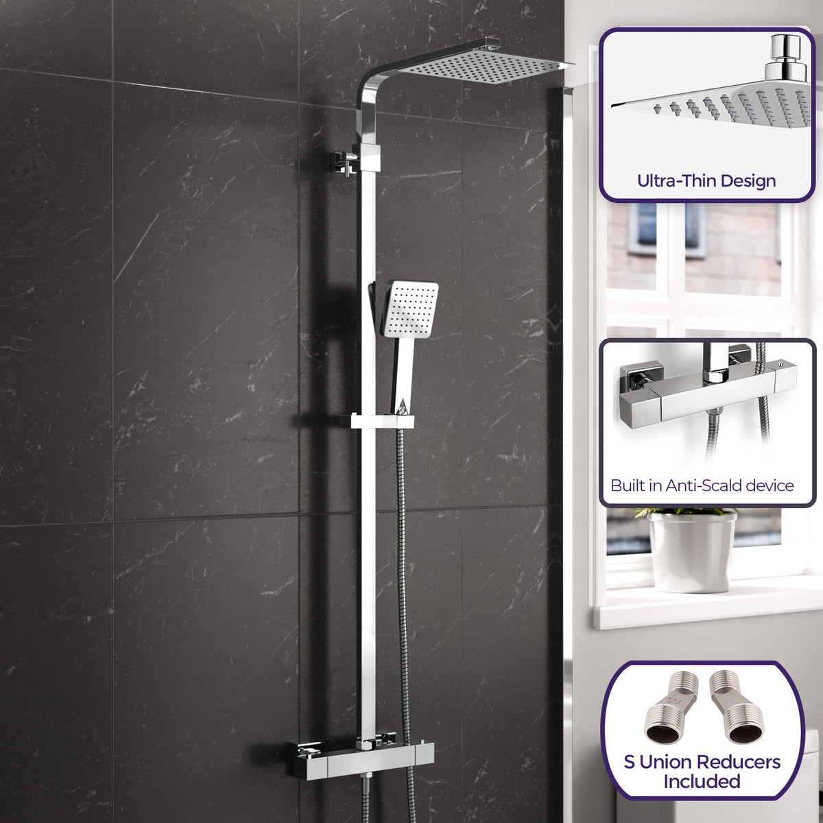 Modern Square Exposed Thermostatic Mixer Shower Set  Shower Head and Handheld