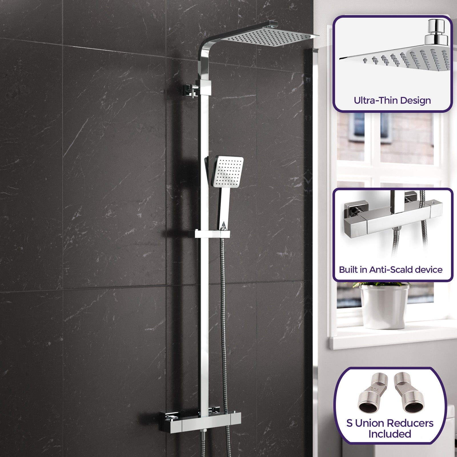 Modern Square Exposed 2-Way Thermostatic Mixer Shower Set With Easy Fittings