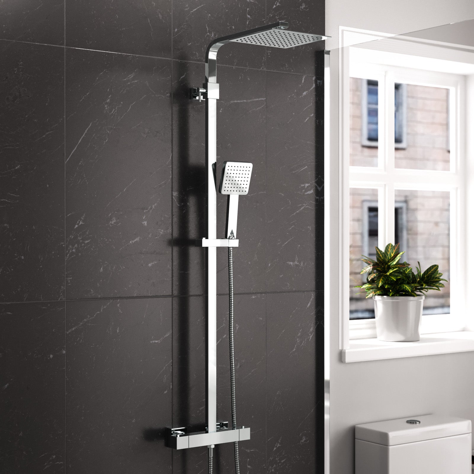 Modern Square Exposed Thermostatic Mixer Shower Set  Shower Head and Handheld