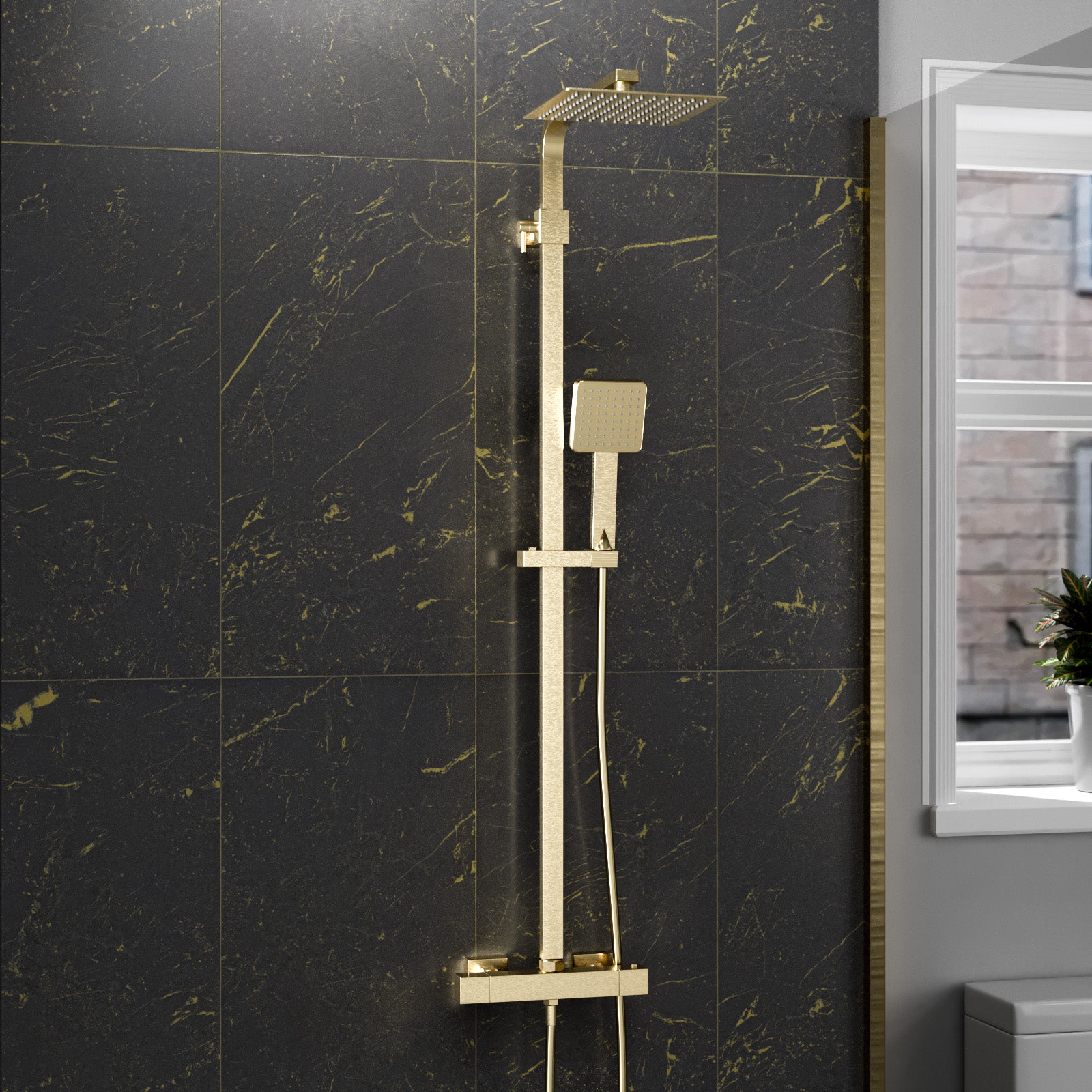 Brushed Brass Square Exposed Thermostatic Shower Kit