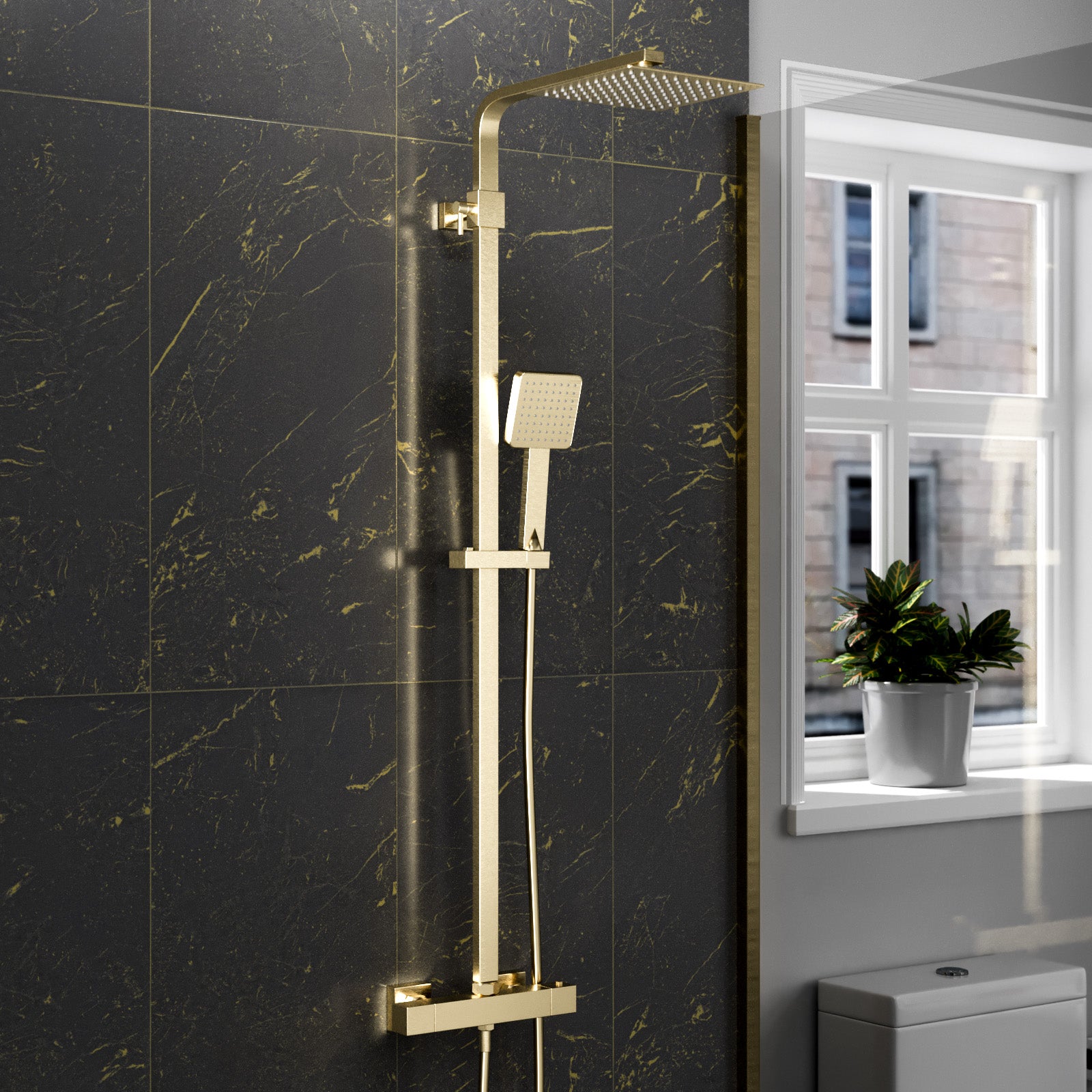 Brushed Brass Square Exposed Thermostatic Shower Kit