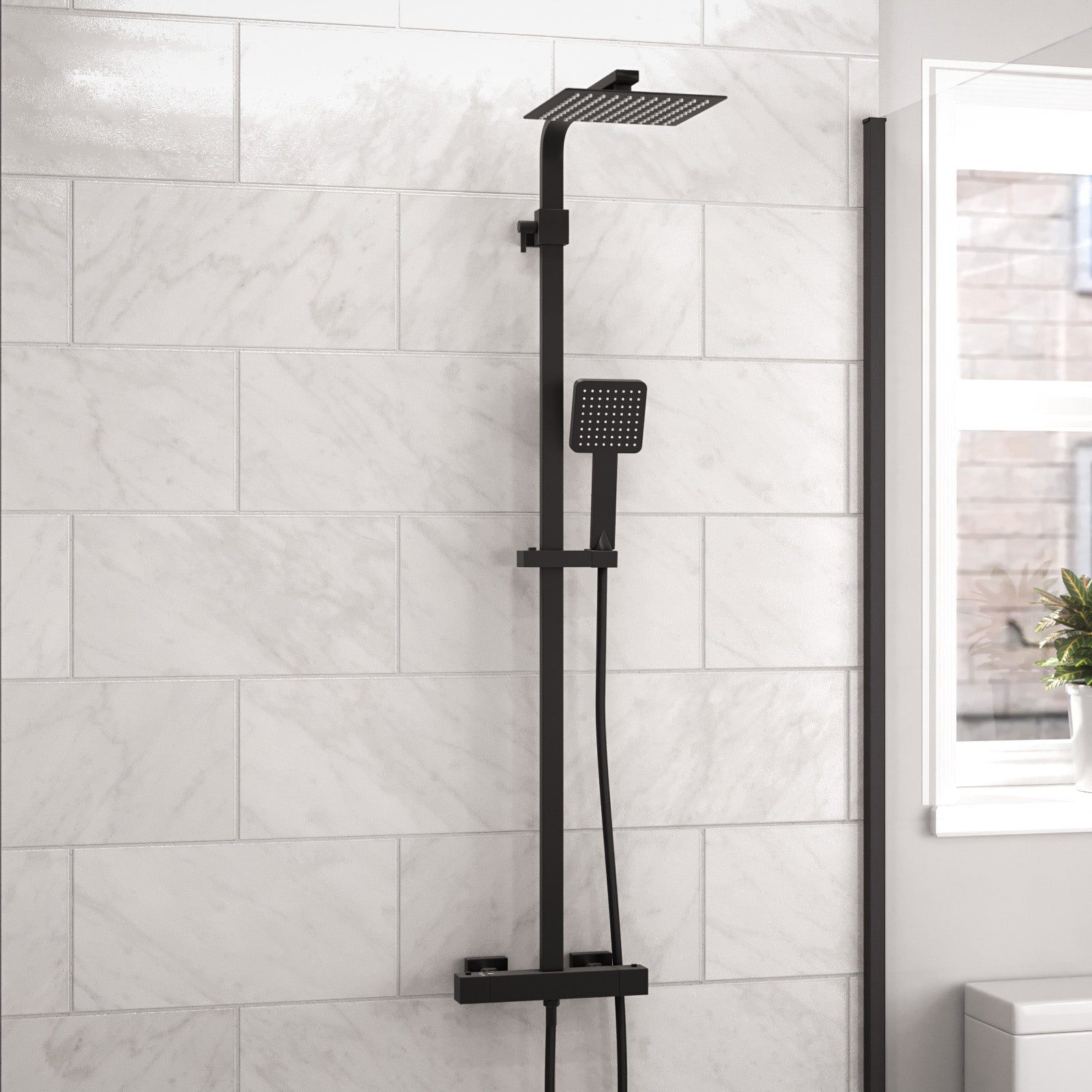 Modern Square Matte Black Exposed Thermostatic Mixer Shower Set With Shower Head and Handheld