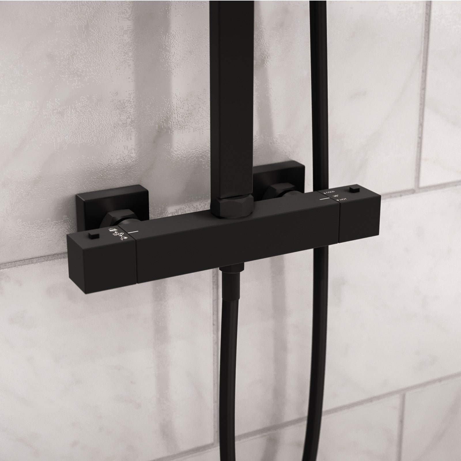 Modern Square Matte Black Exposed Thermostatic Mixer Shower Set With Shower Head and Handheld