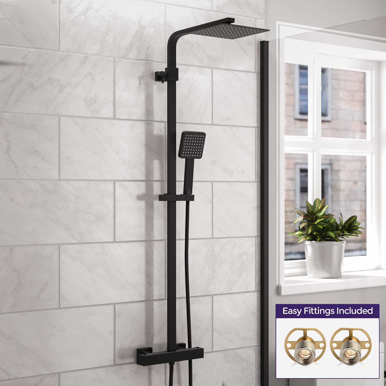 Modern Square Matte Black Exposed Thermostatic Mixer Shower Set With Easy Fittings