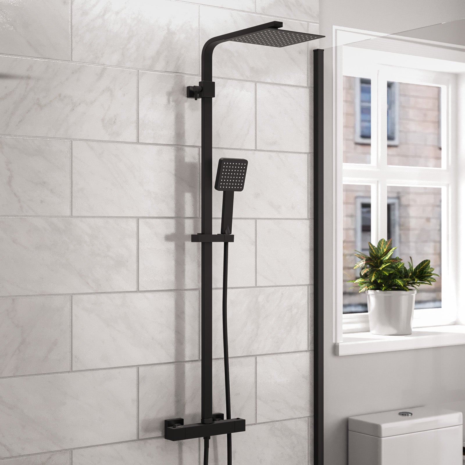 Modern Square Matte Black Exposed Thermostatic Mixer Shower Set With Shower Head and Handheld