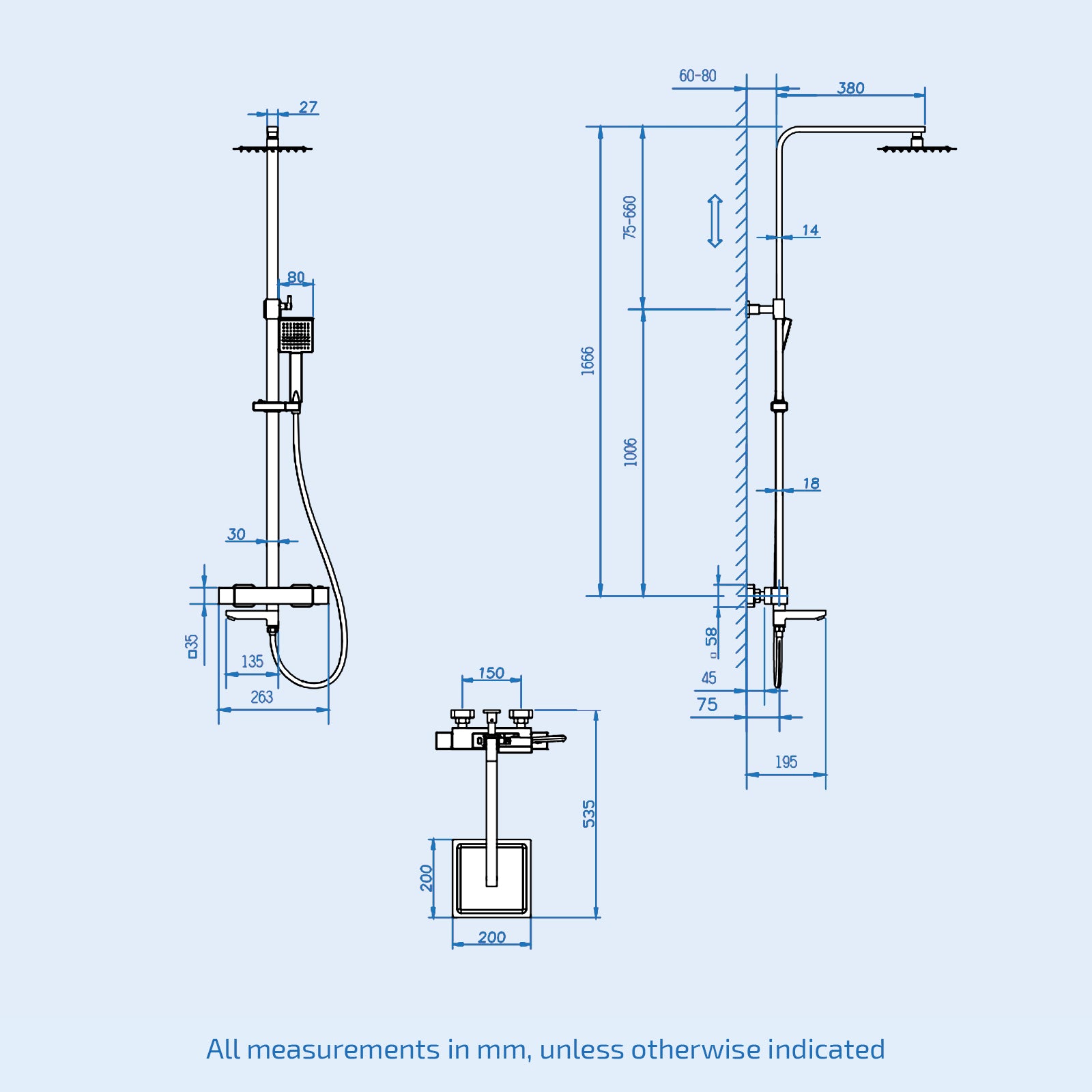 Square Exposed Thermostatic Dual Control Shower Mixer Riser Rail Kit