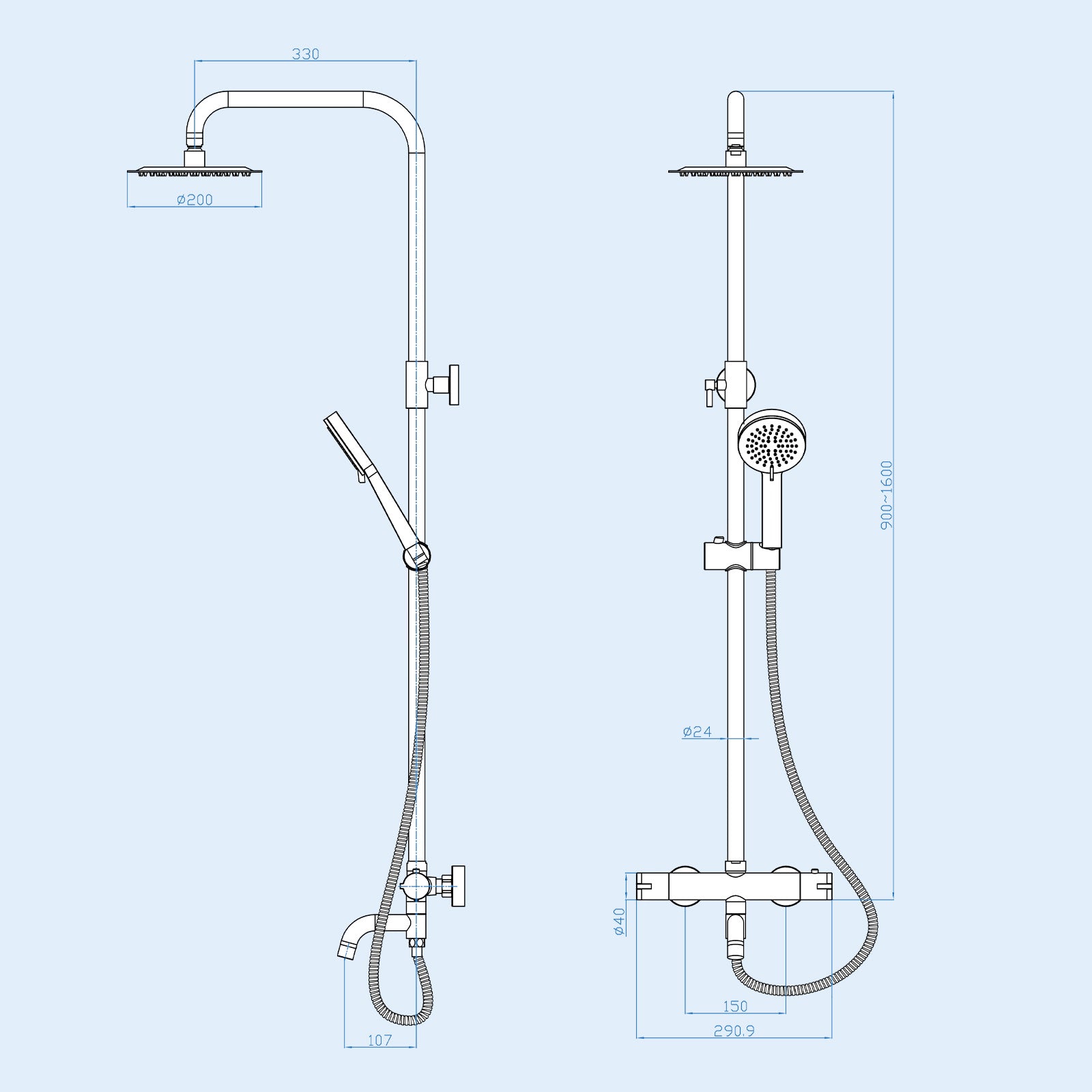 Round 3 Way Thermostatic Shower Kit with Bath Filler - Matte Black