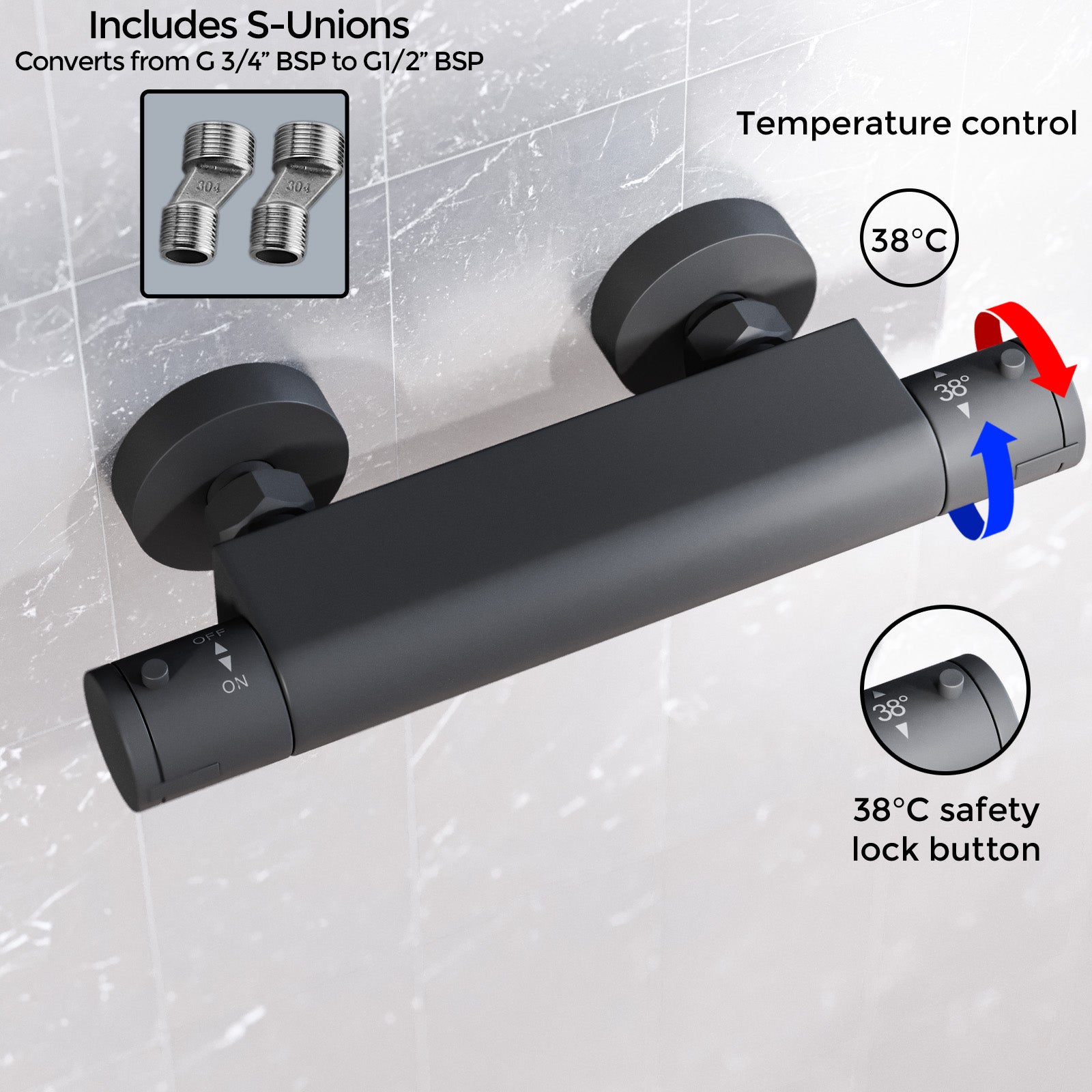 Matte Black Round Thermostatic Shower Bar Valve with Single Outlet