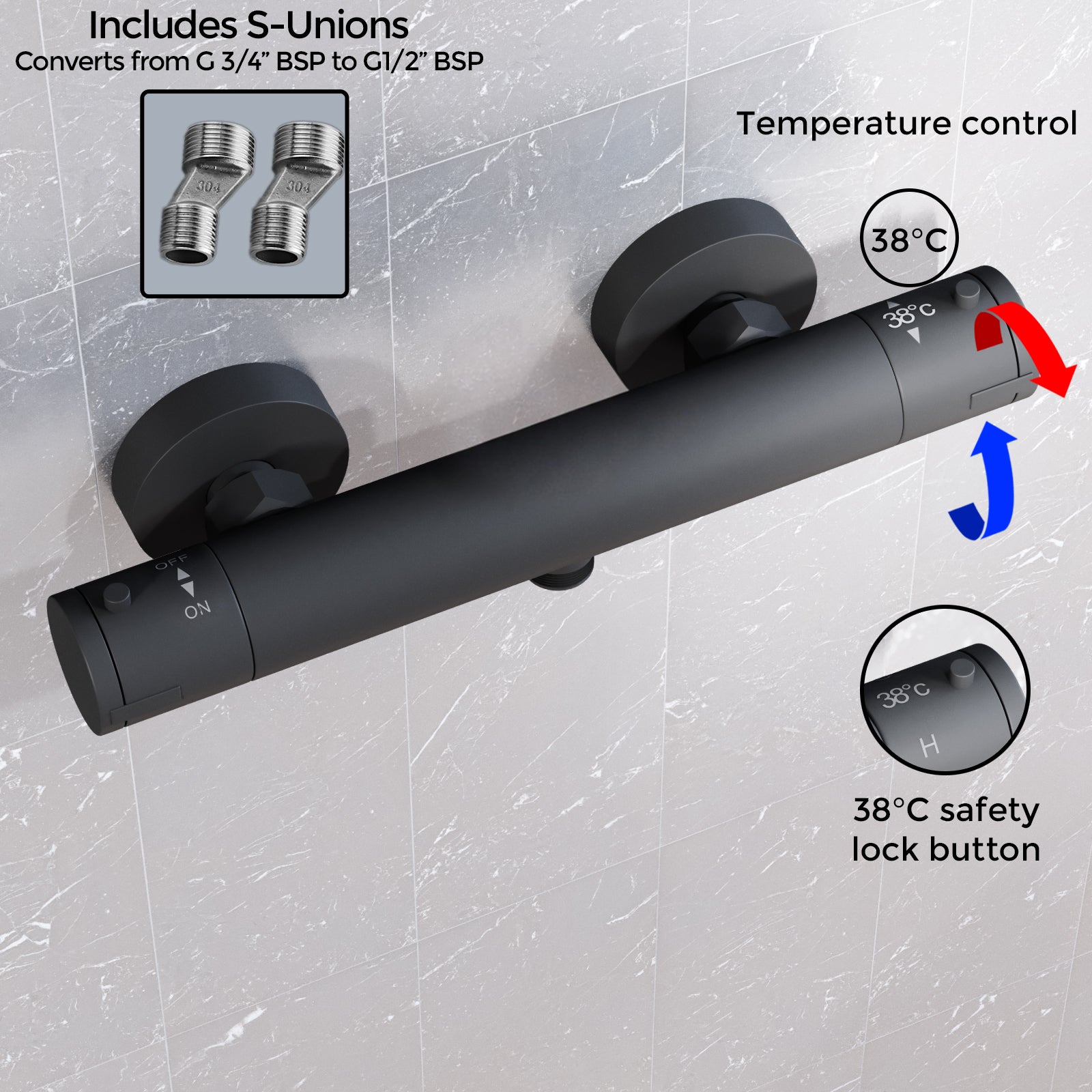Matte Black Round Thermostatic Shower Bar Valve with Single Outlet