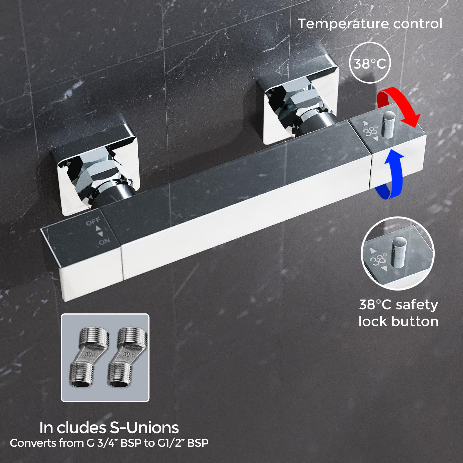 Square Chrome Thermostatic Shower Bar Valve Single Outlet Wall Mounted