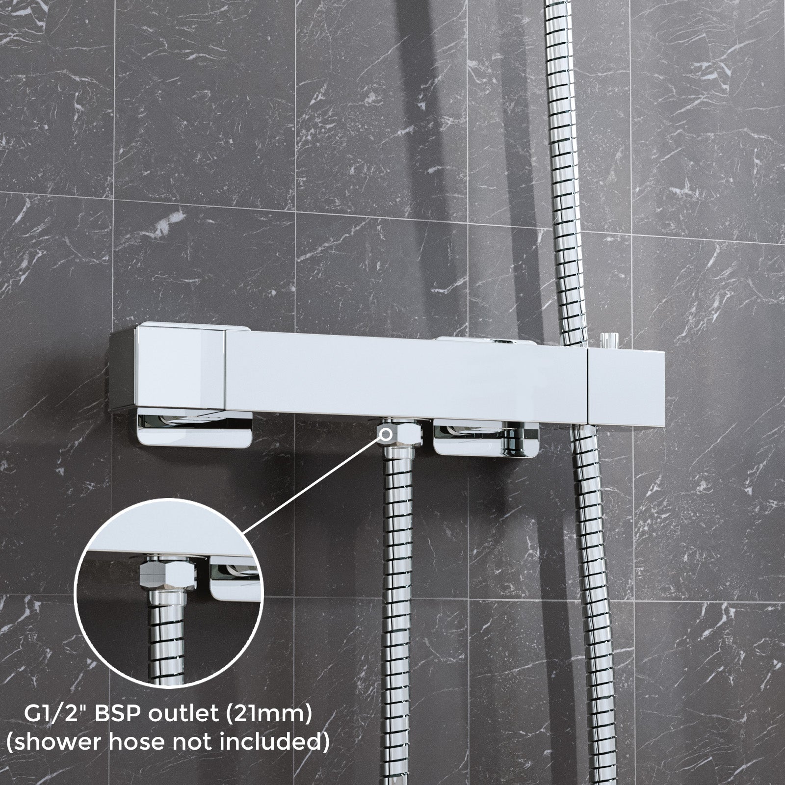 Square Chrome Thermostatic Shower Bar Valve Single Outlet Wall Mounted