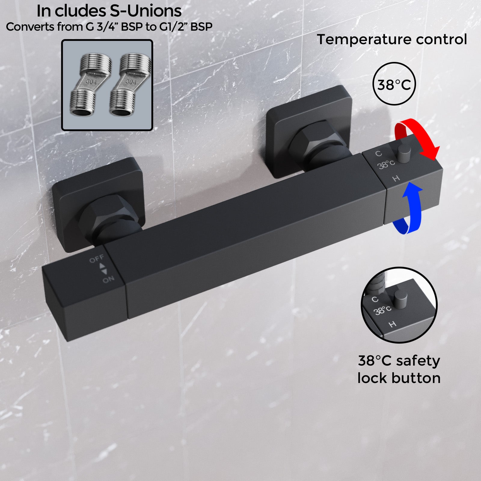 Square Matte Black  Thermostatic Shower Bar Valve with Single Outlet