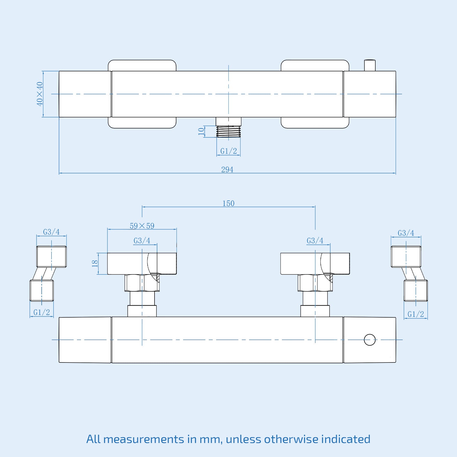 Square Chrome Thermostatic Shower Bar Valve Single Outlet Wall Mounted