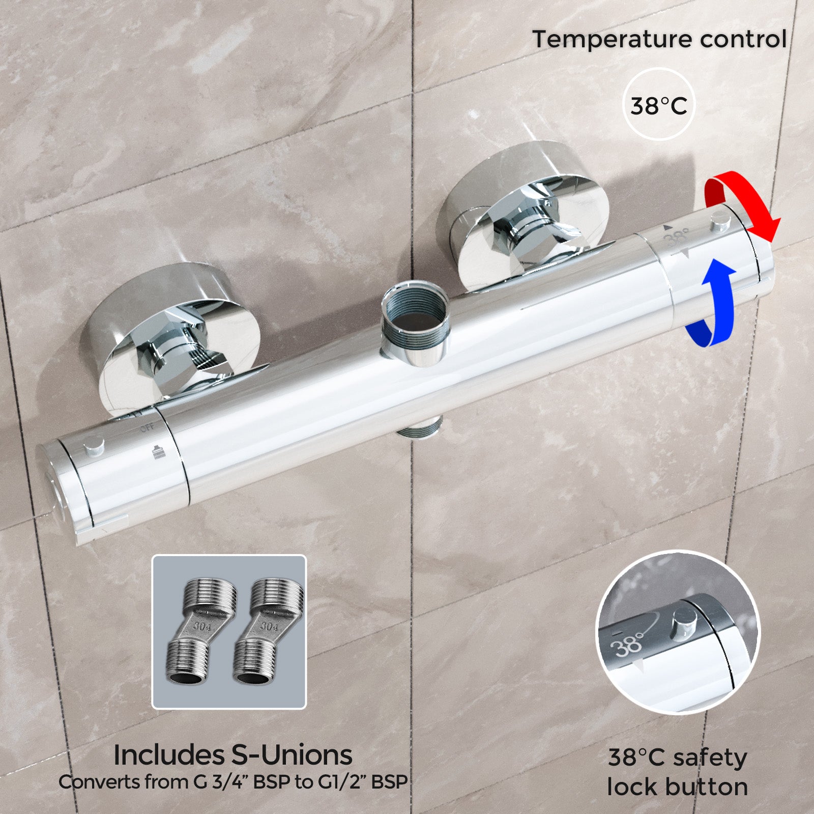 Modern Chrome Round Exposed Thermostatic Shower Mixer Bar Valve