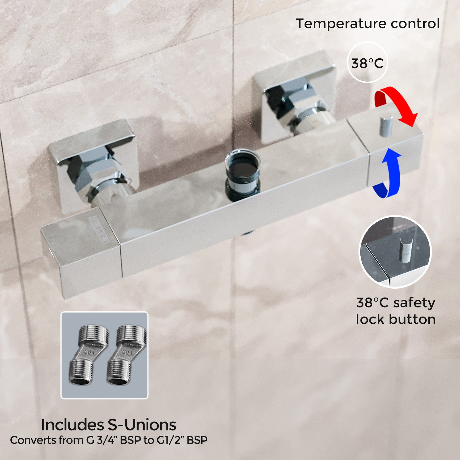 Square Modern Chrome Exposed Thermostatic Shower Mixer Bar Valve