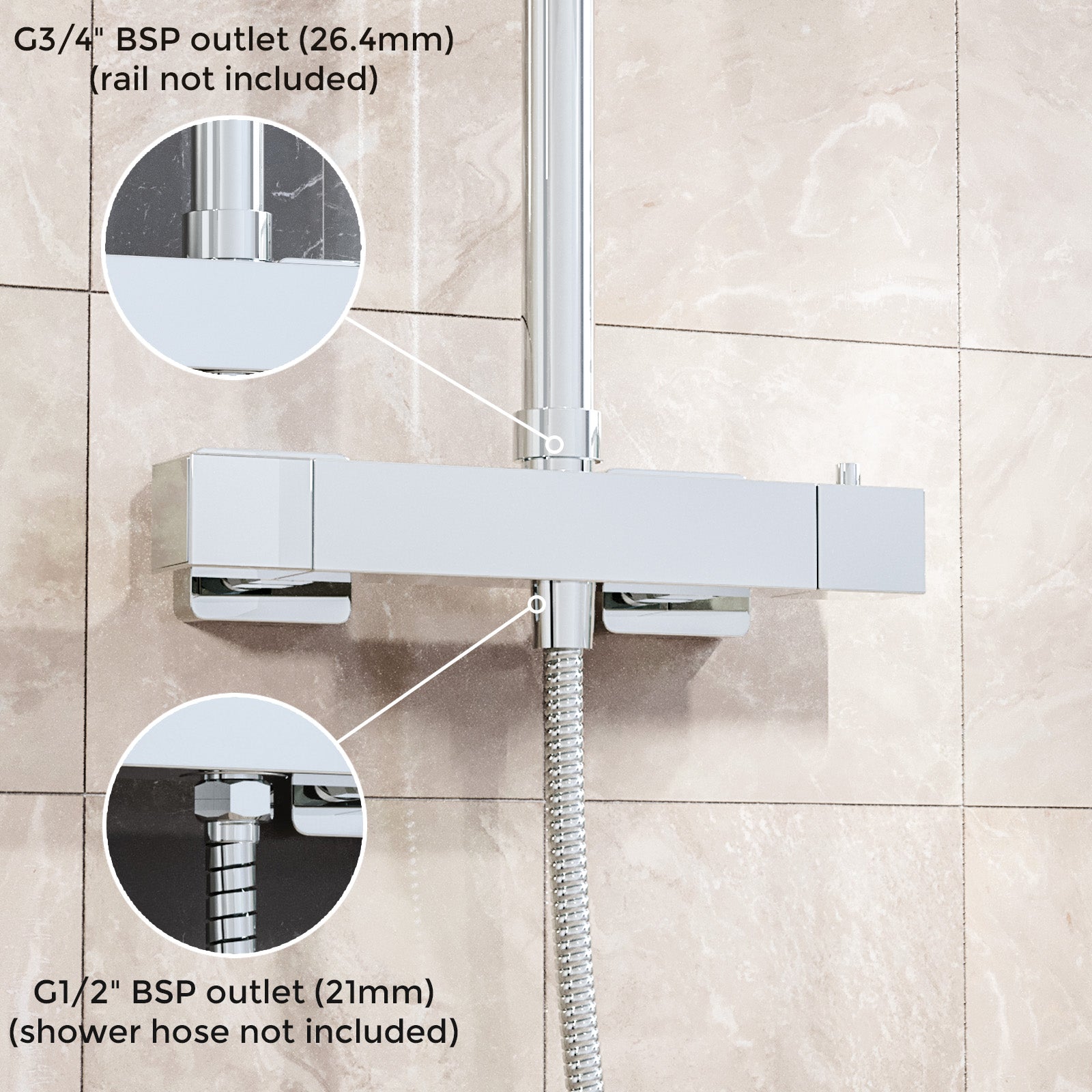 Square Modern Chrome Exposed Thermostatic Shower Mixer Bar Valve