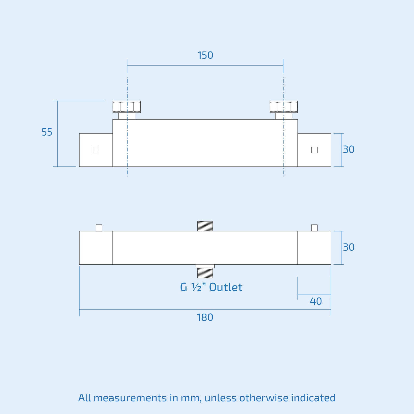 Modern Square Chrome Exposed Thermostatic Shower Mixer Bar Valve Wall Mounted with TOP 3/4" and Bottom 1/2" BSP