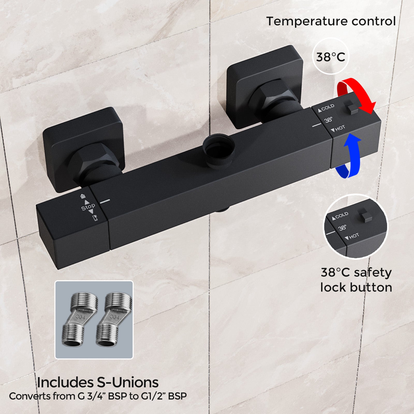Square Modern Matte Black Exposed Thermostatic Shower Mixer Bar Valve